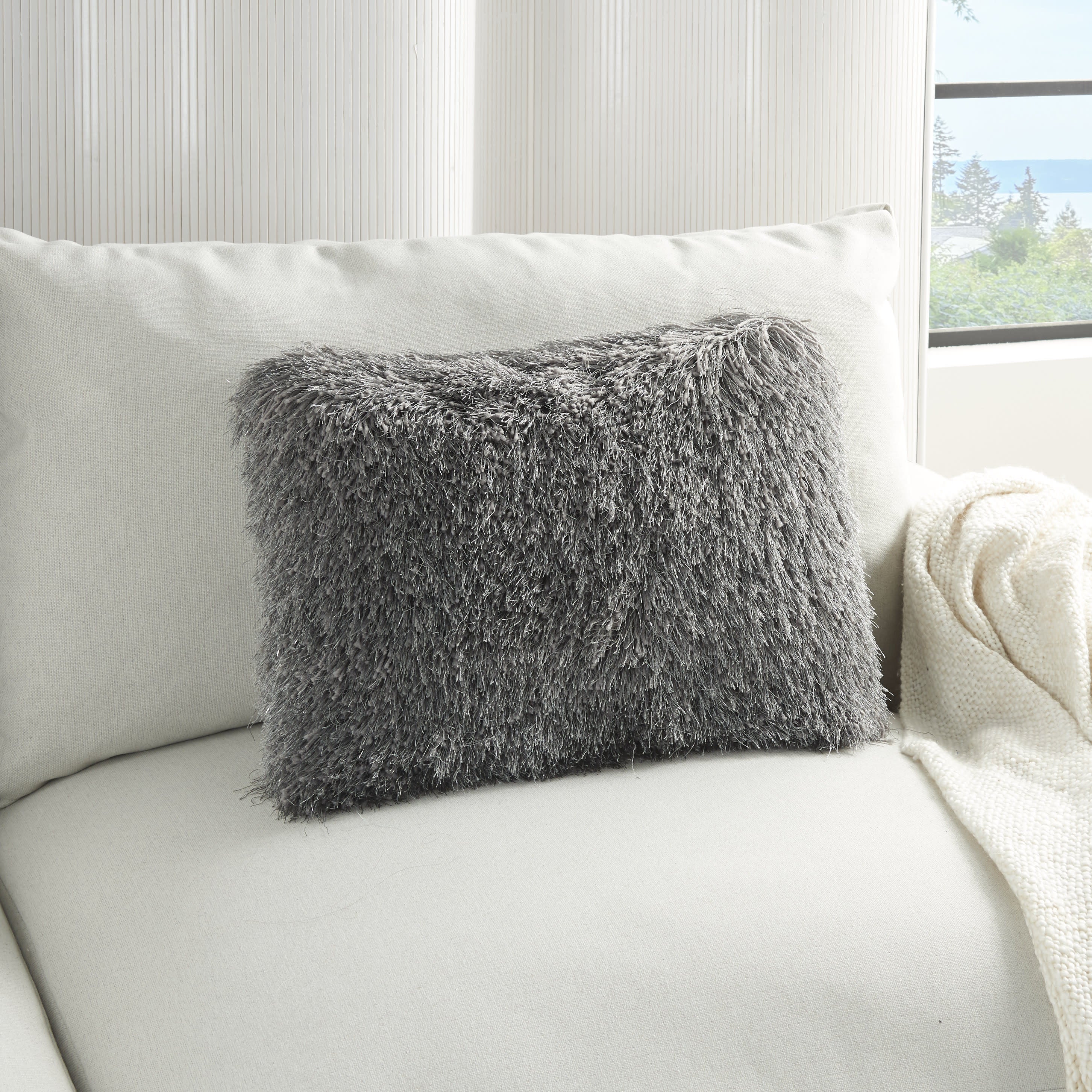 14" X 20" Slate Gray Faux Fur Throw Pillow-4