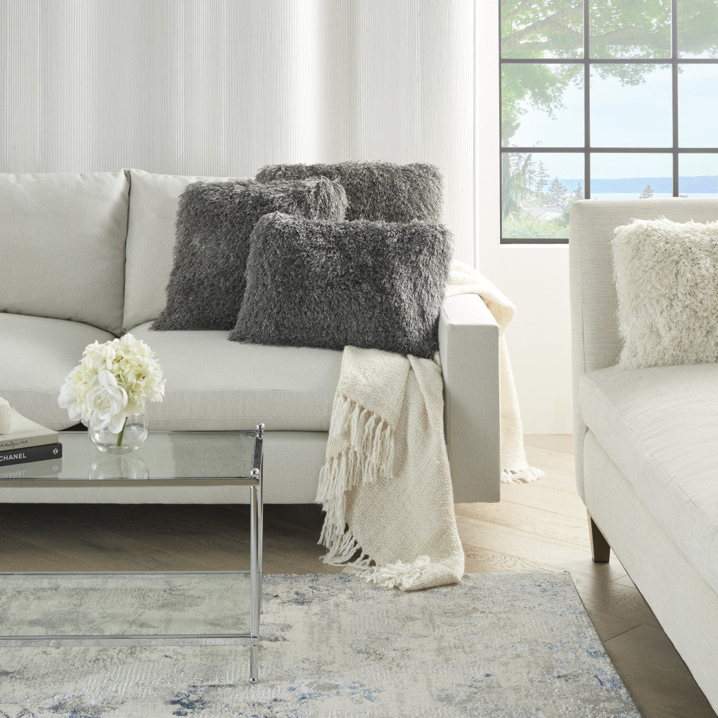 14" X 20" Slate Gray Faux Fur Throw Pillow-6