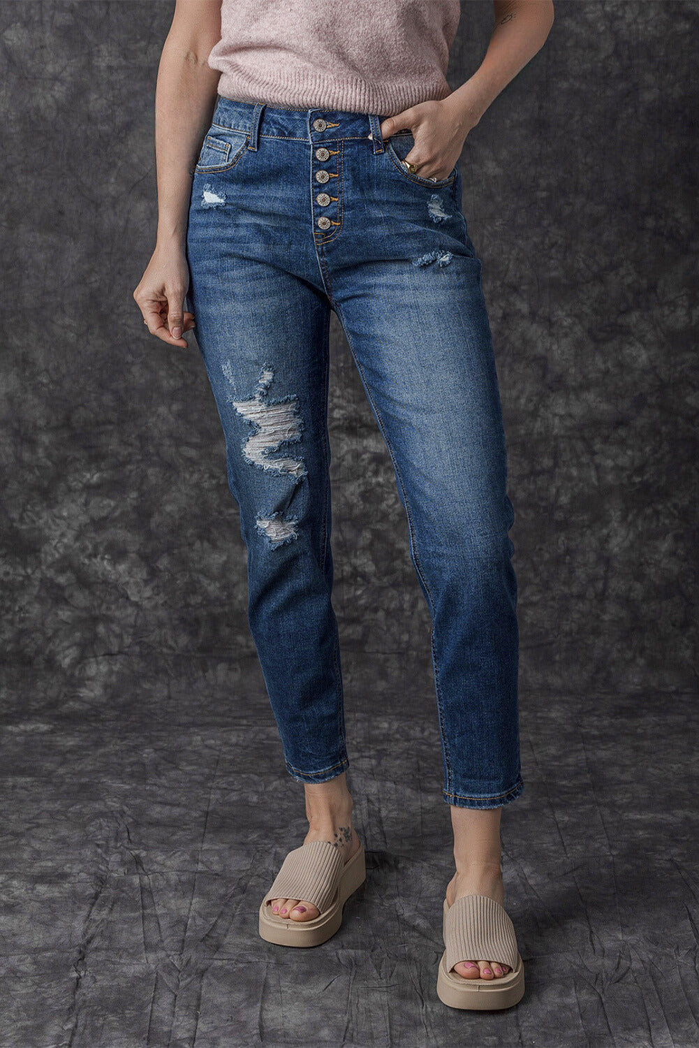 Bailee Distressed Button Fly High Waist Jeans-2