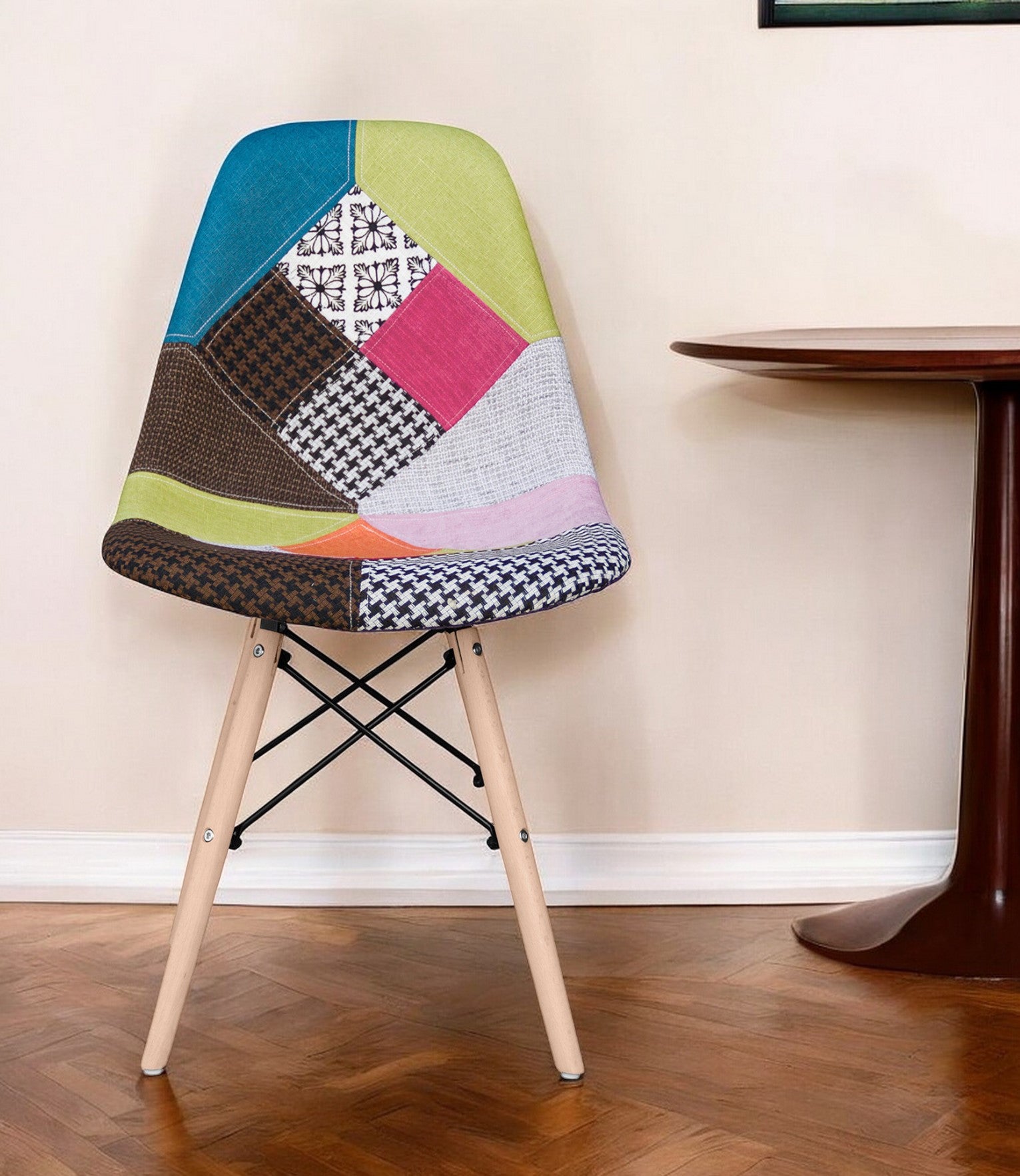 Pink and Natural Upholstered Fabric Dining Side Chair