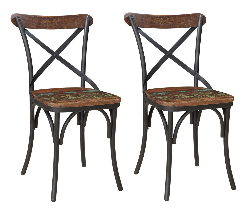 Set of Two Brown And Black Metal And Wood Cross Back Dining Side Chairs