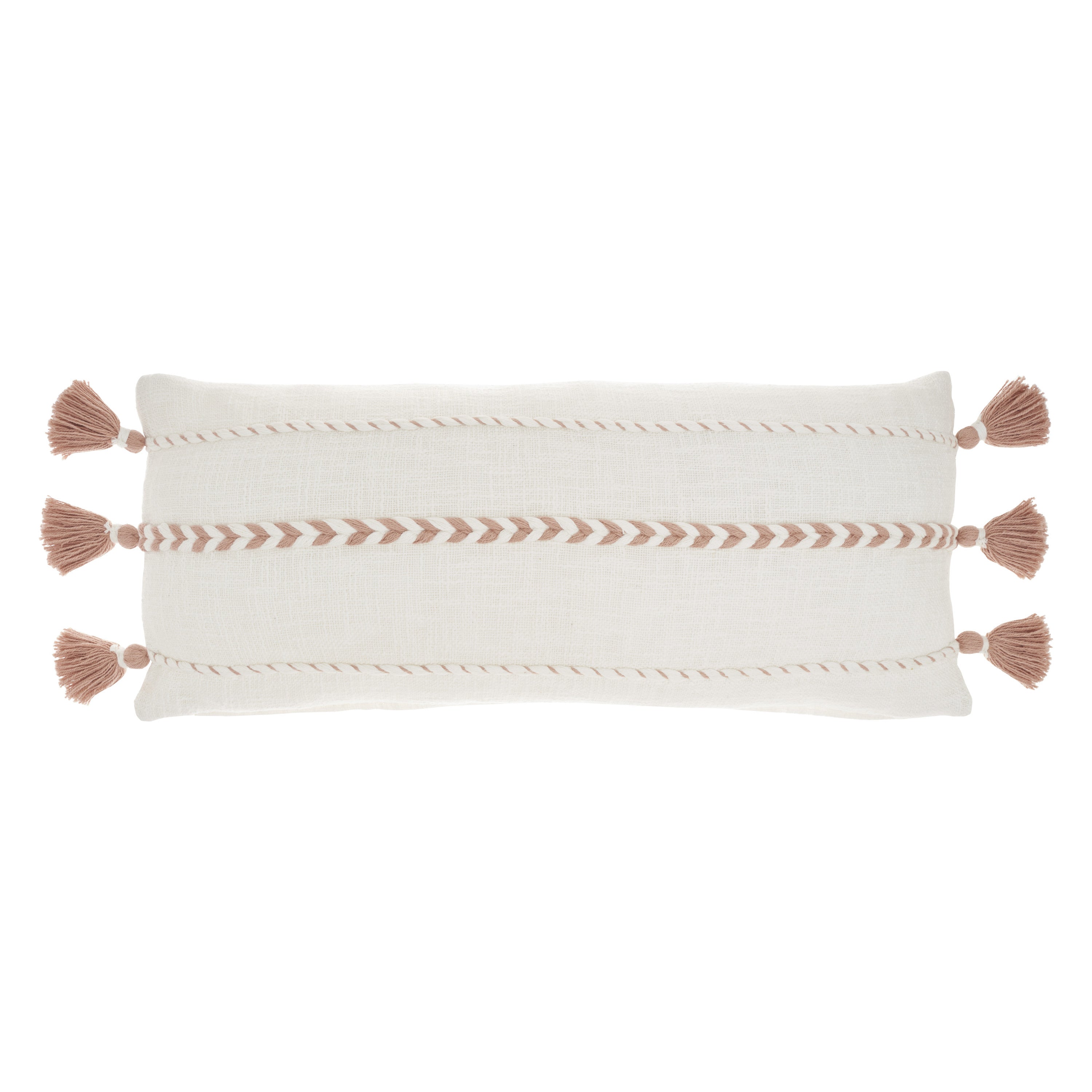 12" X 30" Pink and White Striped Cotton Lumbar Throw Pillow With Tassels-1