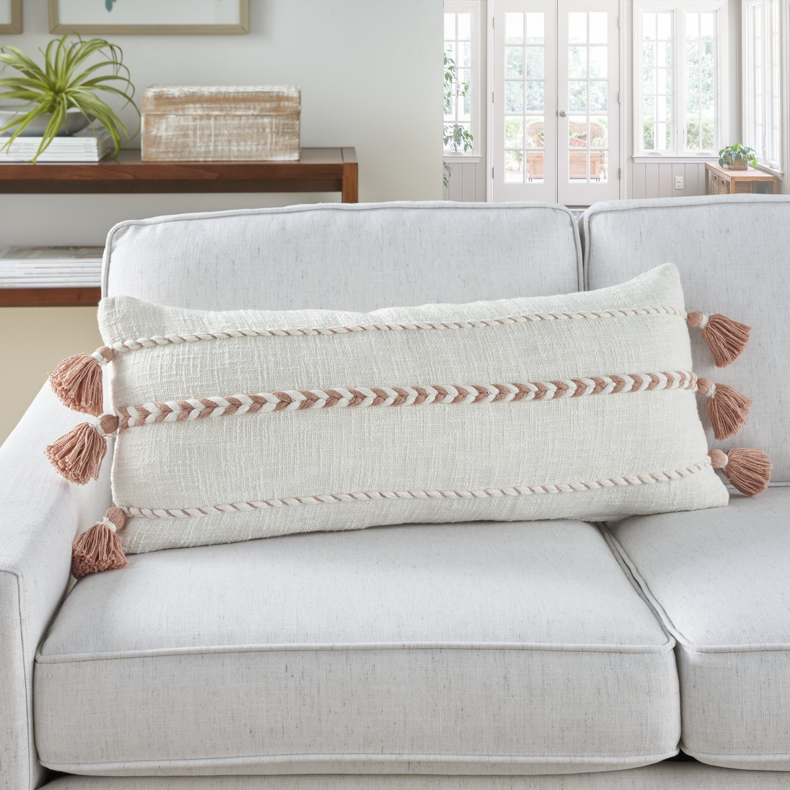 12" X 30" Pink and White Striped Cotton Lumbar Throw Pillow With Tassels-4