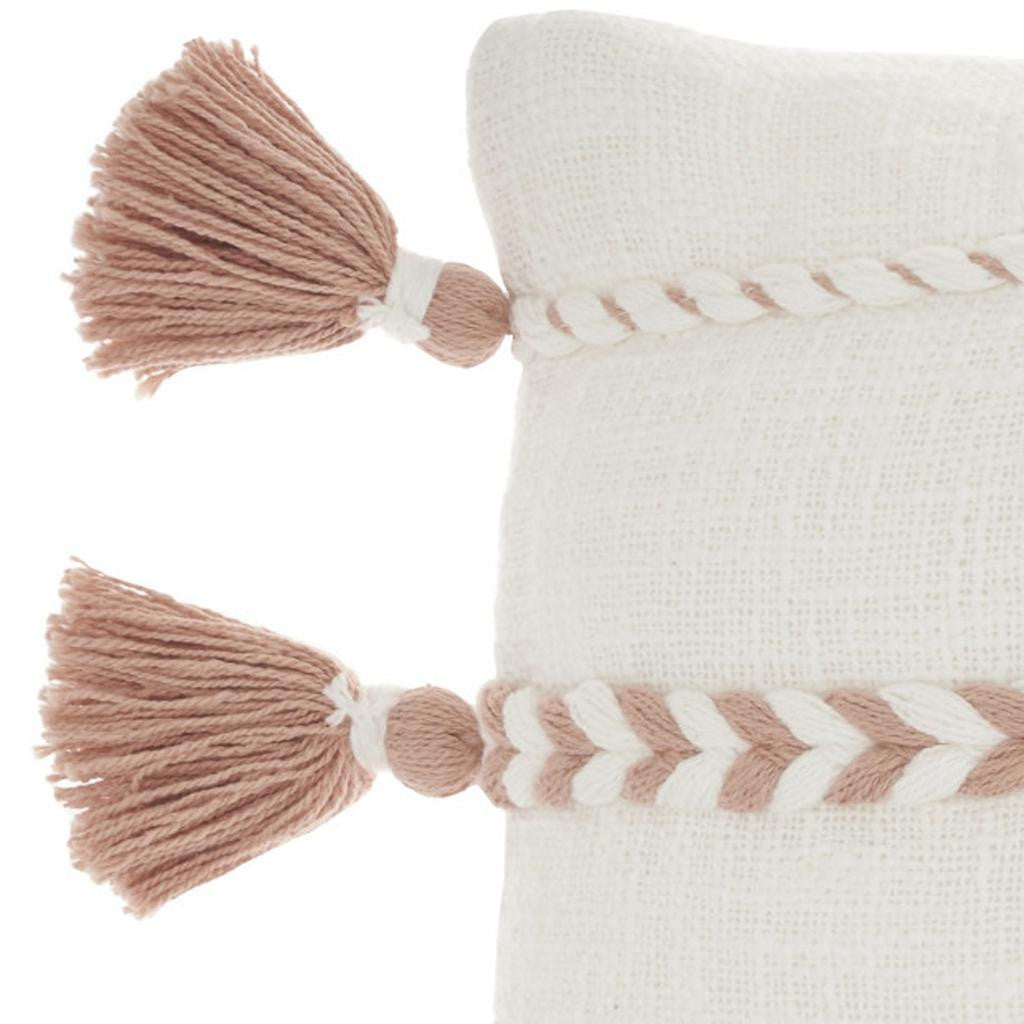 12" X 30" Pink and White Striped Cotton Lumbar Throw Pillow With Tassels-2