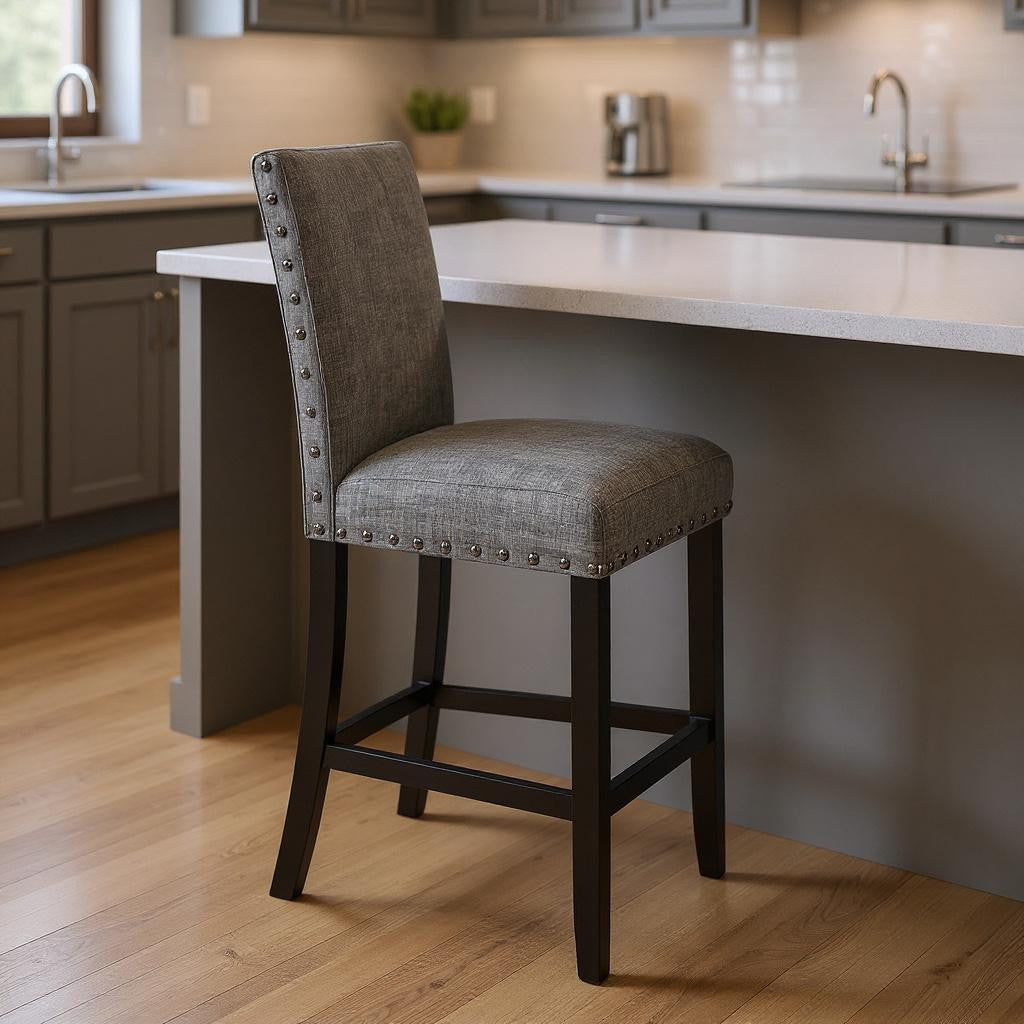 26" Gray and Black Wood and Fabric Counter Height Bar Chair