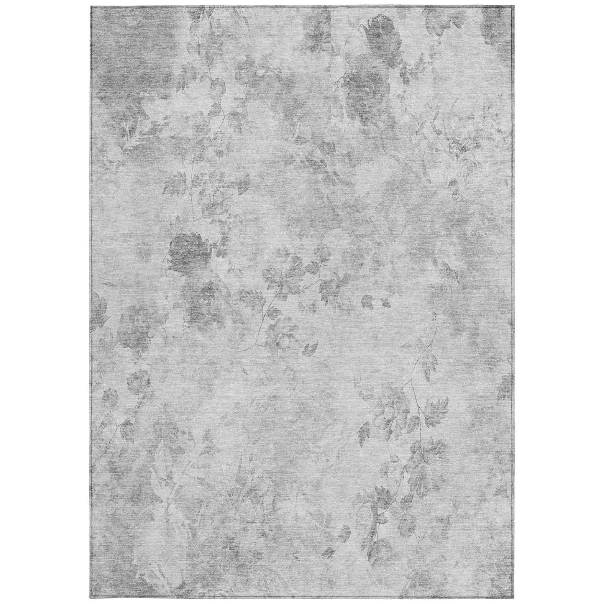 9' X 12' Gray Charcoal And Silver Floral Washable Indoor Outdoor Area Rug