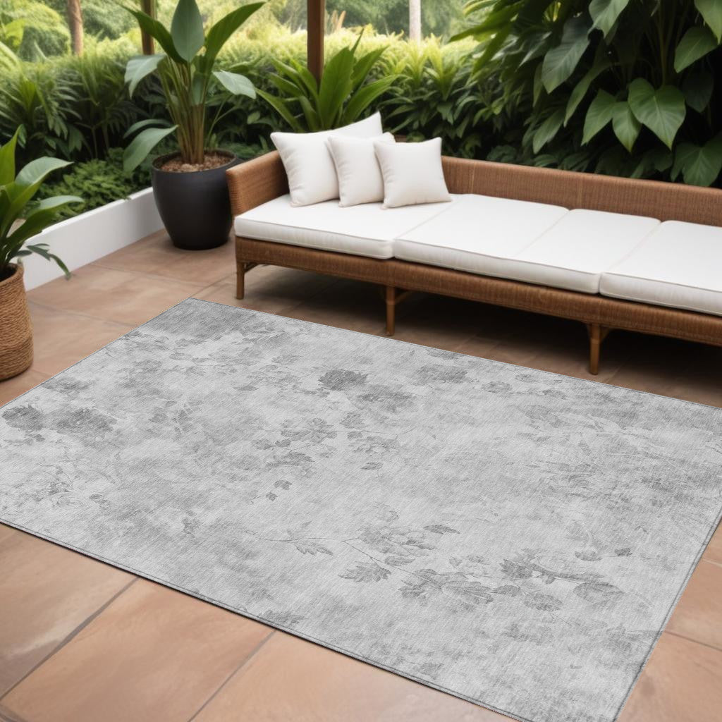 9' X 12' Gray Charcoal And Silver Floral Washable Indoor Outdoor Area Rug