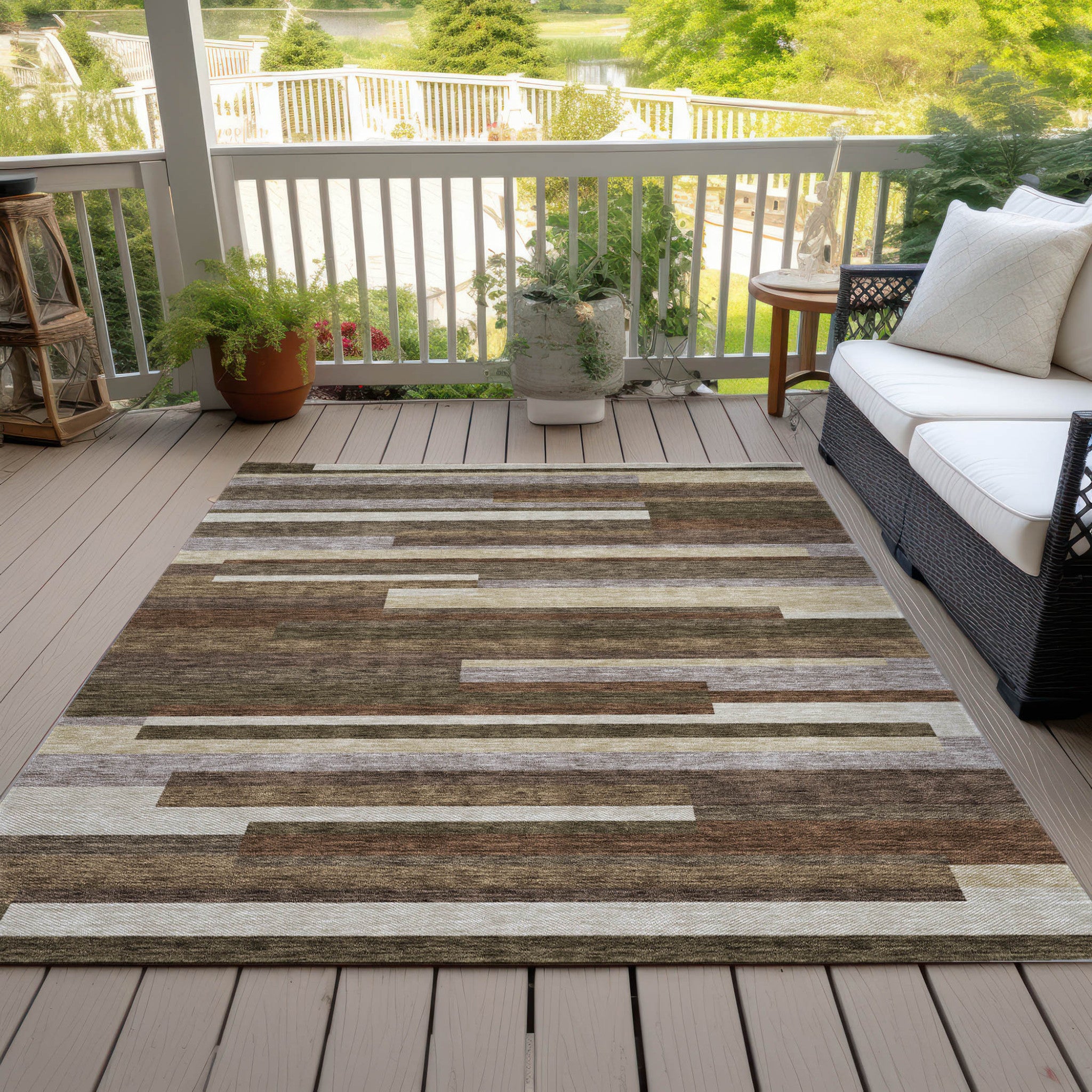 9' X 12' Brown Beige And Copper Striped Washable Indoor Outdoor Area Rug