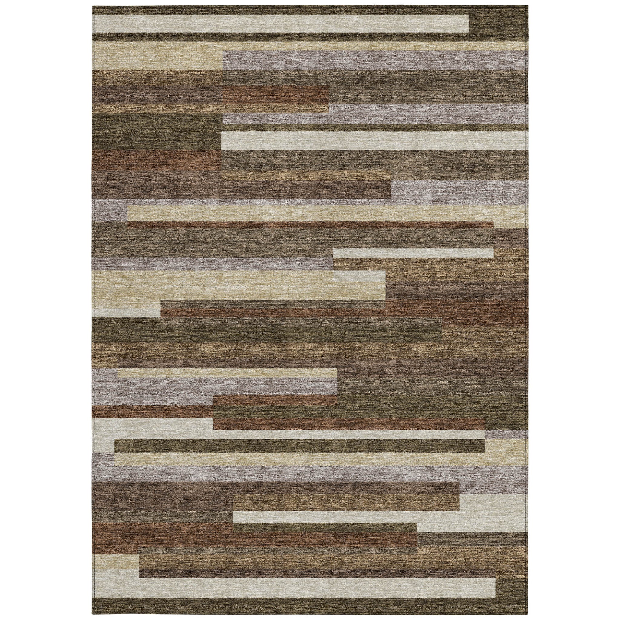 9' X 12' Brown Beige And Copper Striped Washable Indoor Outdoor Area Rug