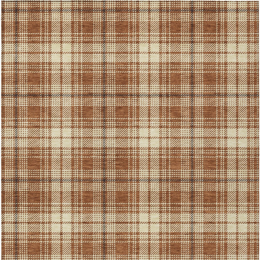 9' X 12' Brown Black And Beige Plaid Washable Indoor Outdoor Area Rug