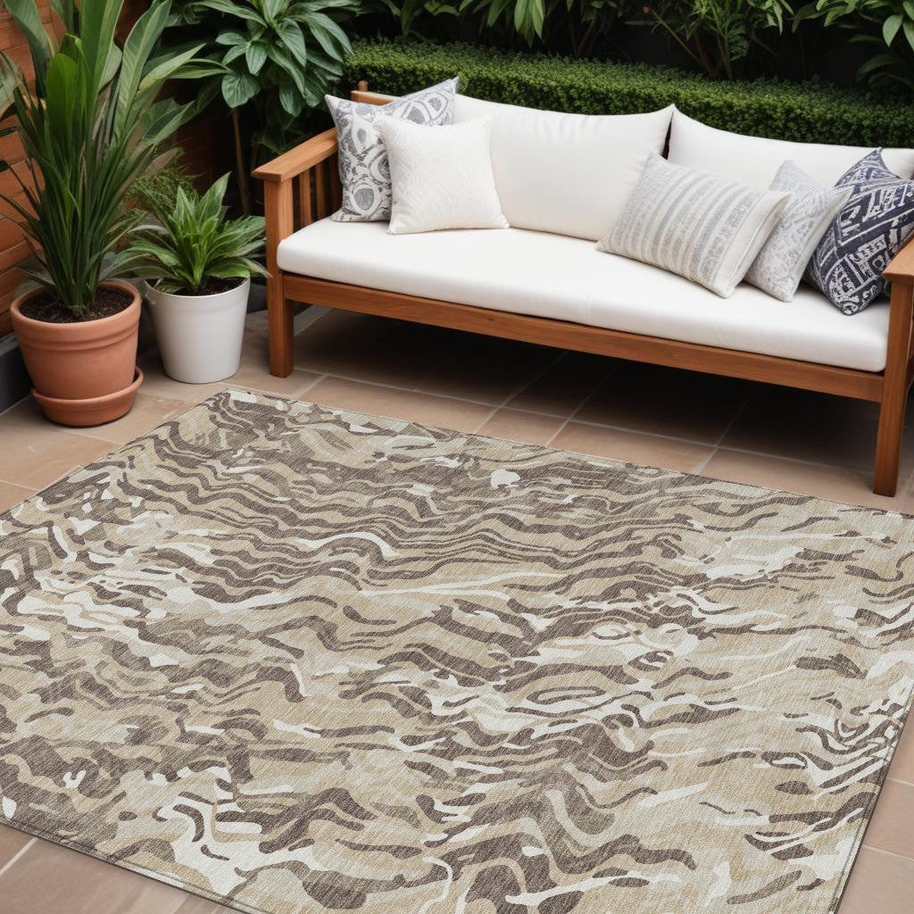 9' X 12' Beige Brown And Ivory Abstract Washable Indoor Outdoor Area Rug