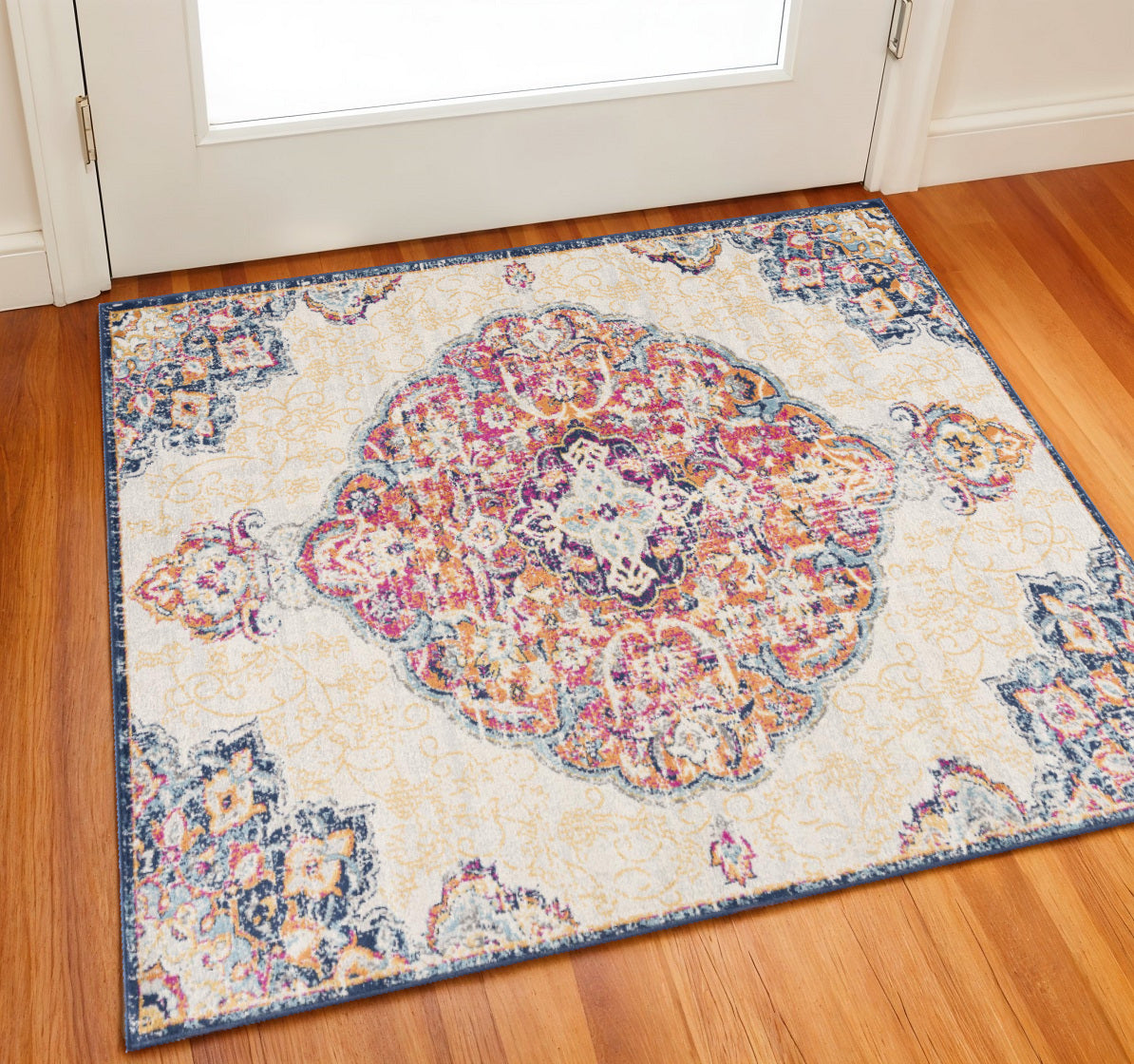 2' X 2' Blue Pink And Beige Oriental Square Rug