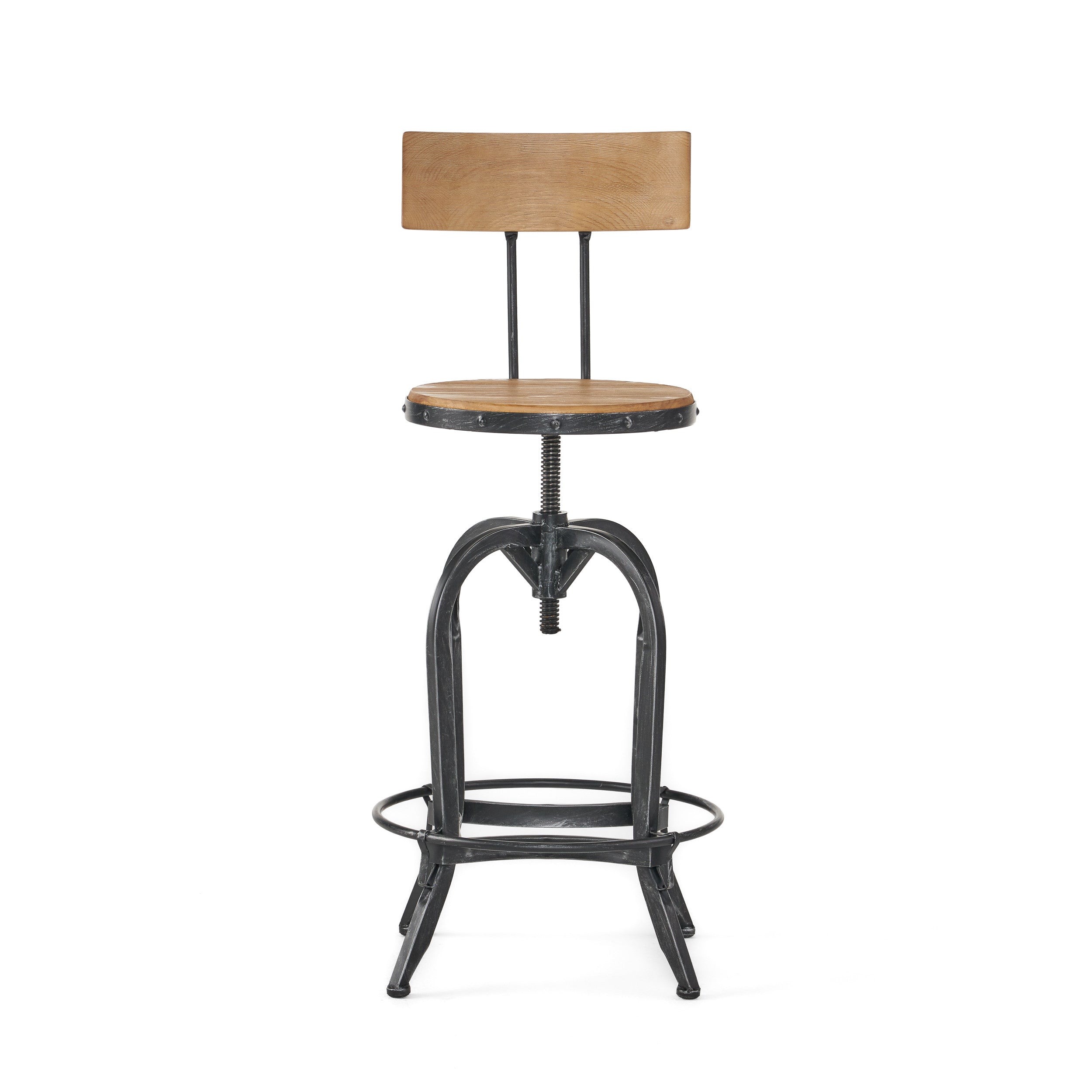 Natural and Black Wood and Metal Low Back Adjustable Height Swivel Bar Chair