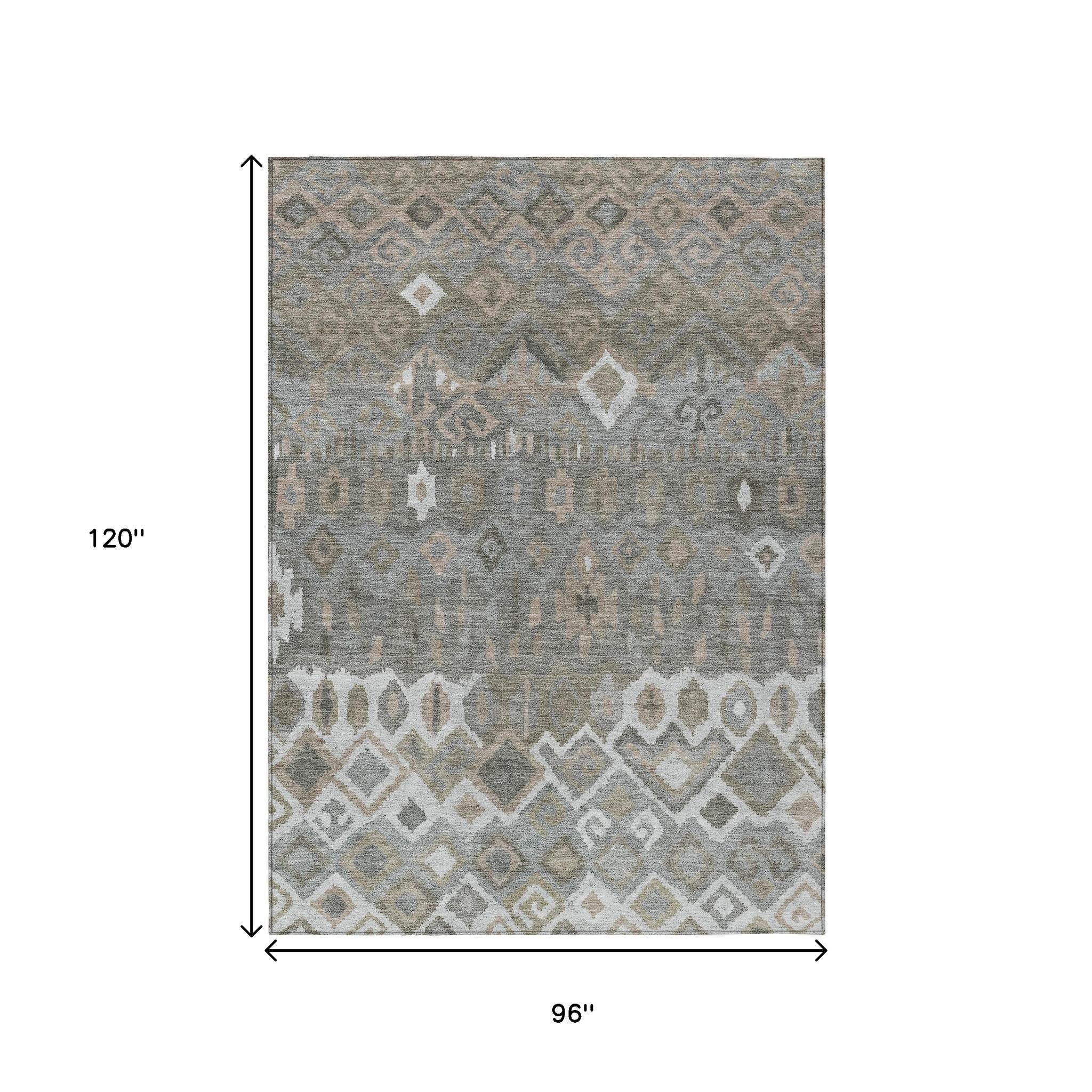 8' X 10' Pewter Ivory And Tan Geometric Washable Indoor Outdoor Area Rug