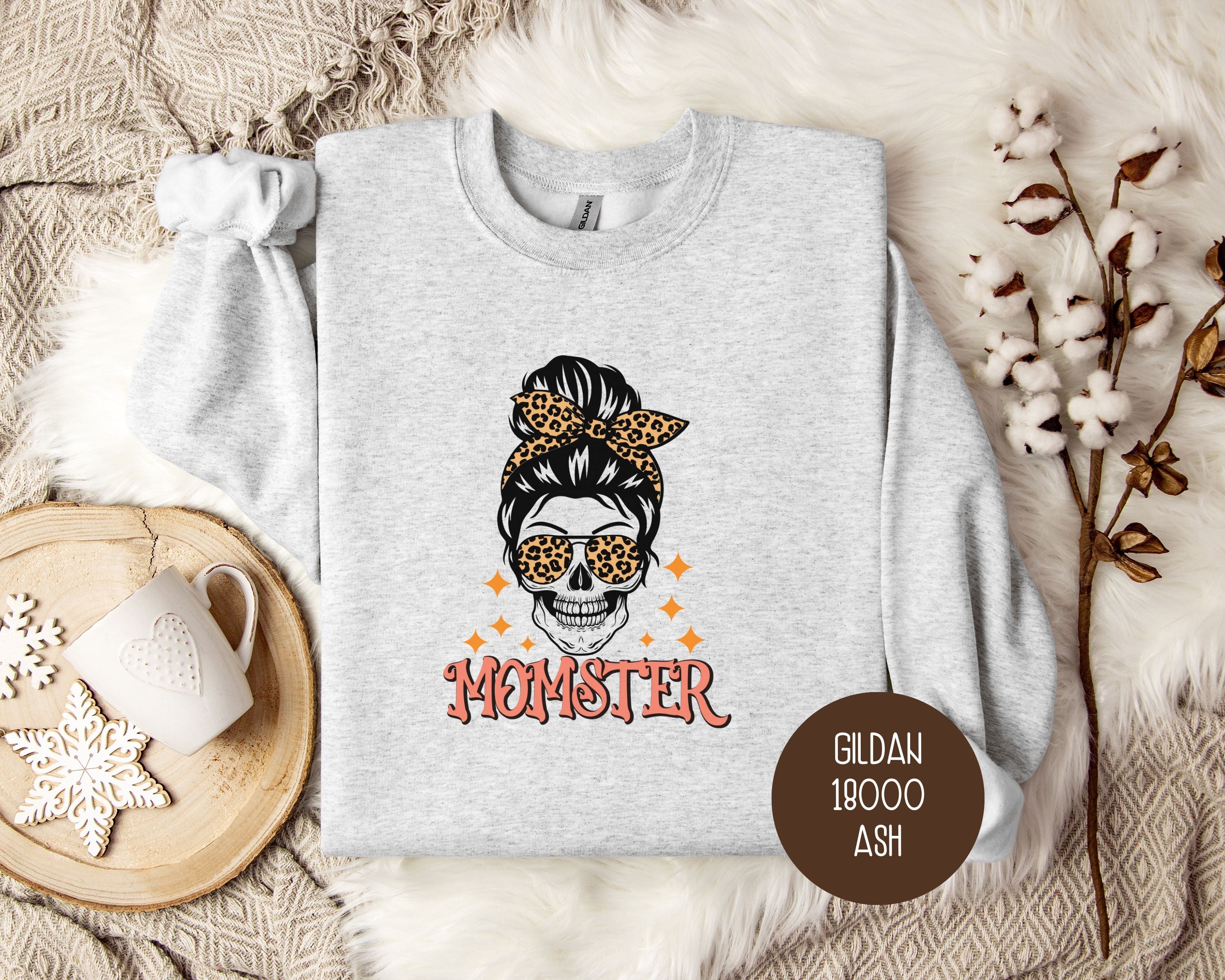 Momster Skeleton Leopard Messy Bun Halloween Sweatshirt-1