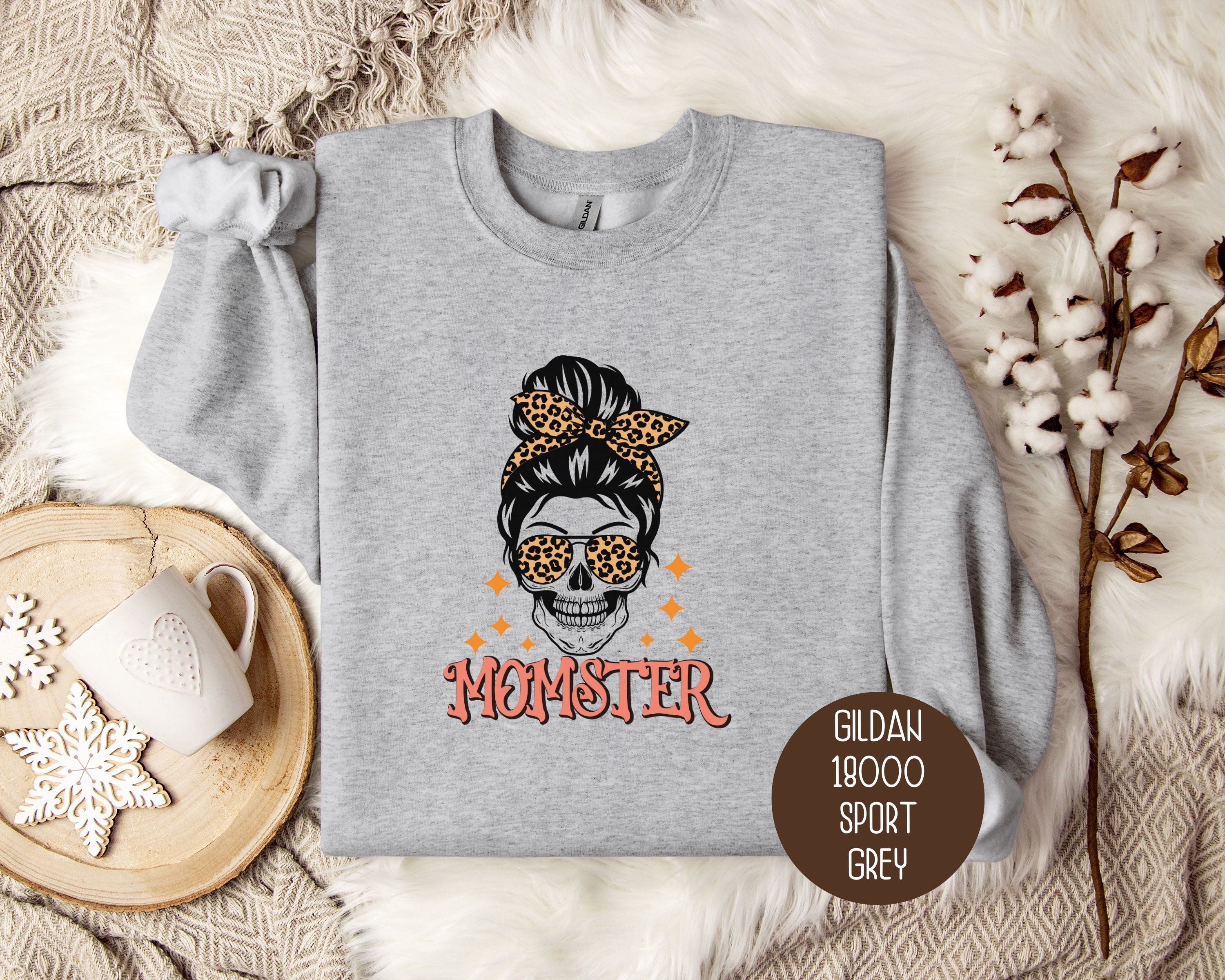 Momster Skeleton Leopard Messy Bun Halloween Sweatshirt-0