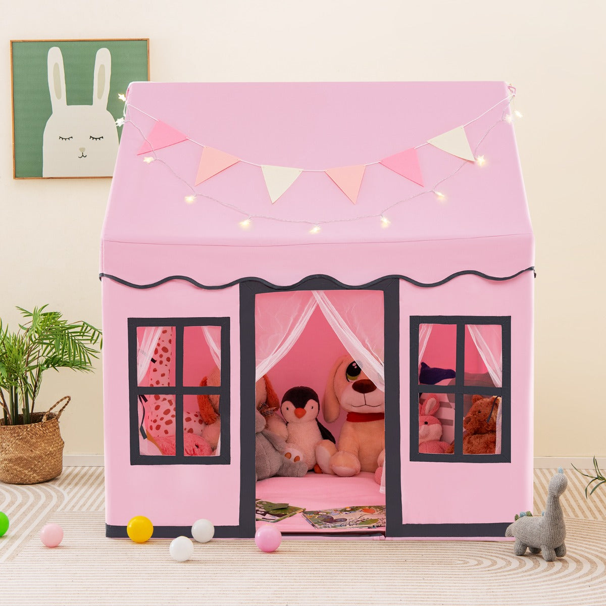 NNECW Kids Play Castle Tent Large Playhouse Toys Gifts with Star Lights Washable Mat-Pink