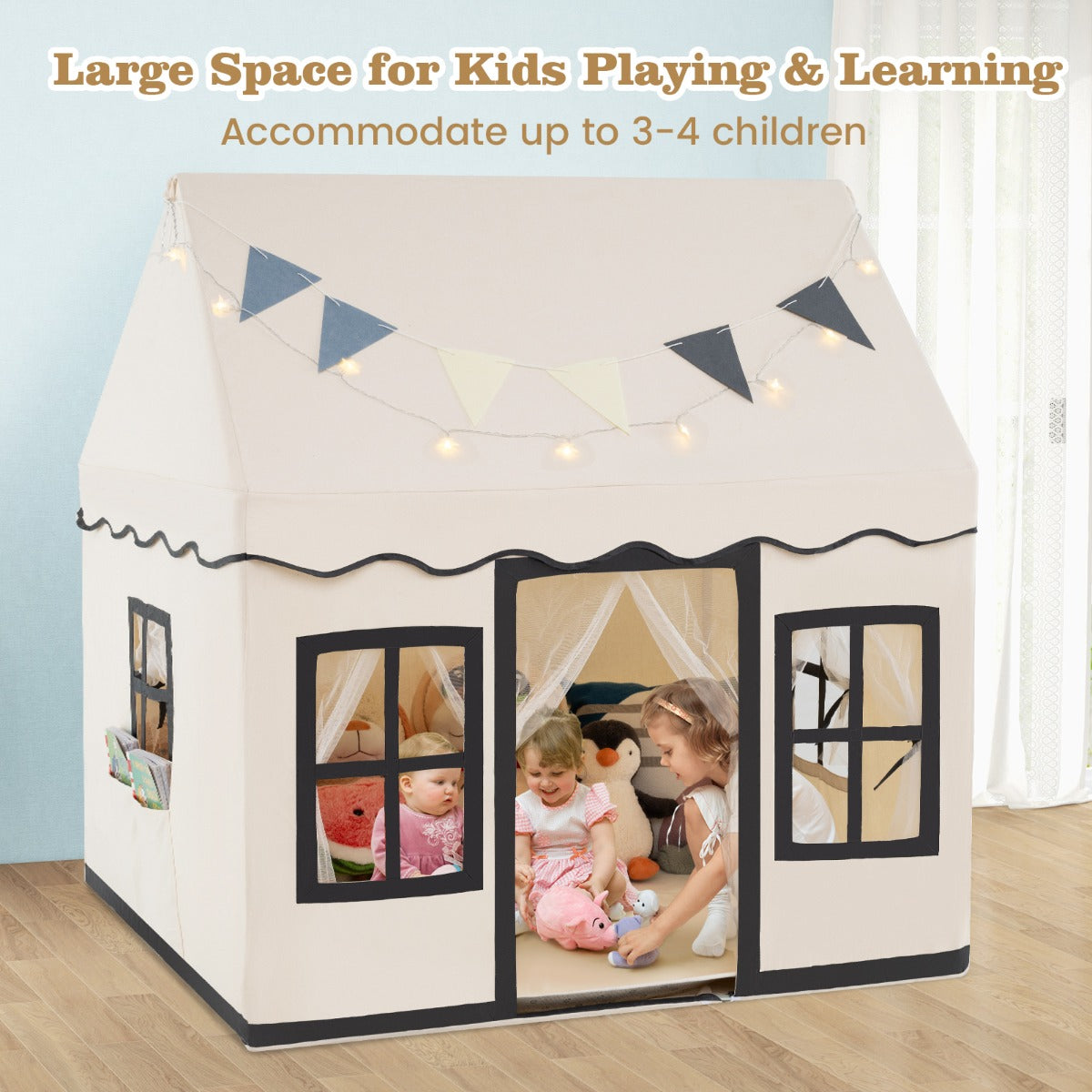 NNECW Kids Play Castle Tent Large Playhouse Toys Gifts with Star Lights Washable Mat-Beige