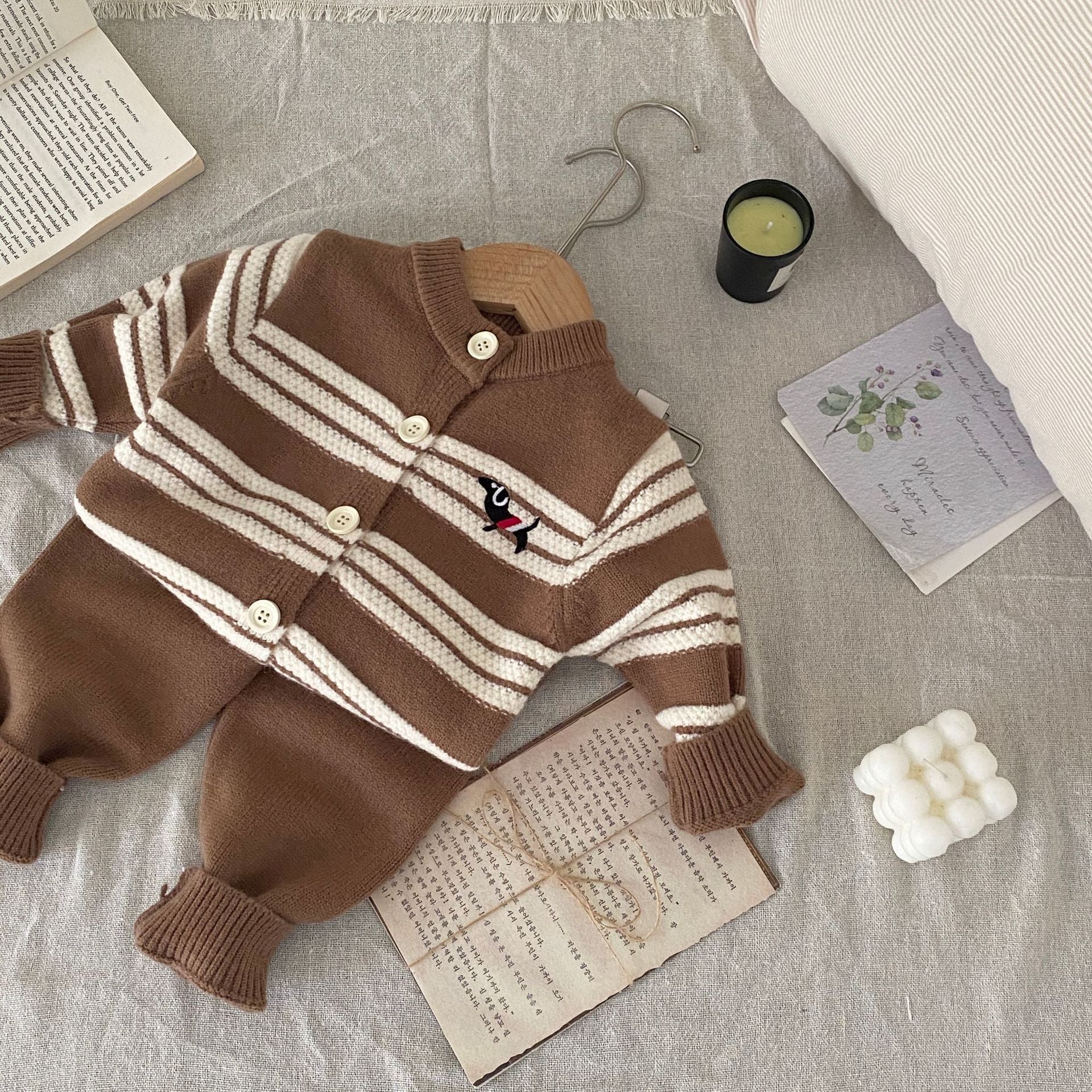 Winter and Autumn Baby Kids Unisex Striped Long Sleeves Cardigan and Pants Knitted Clothing Set-1