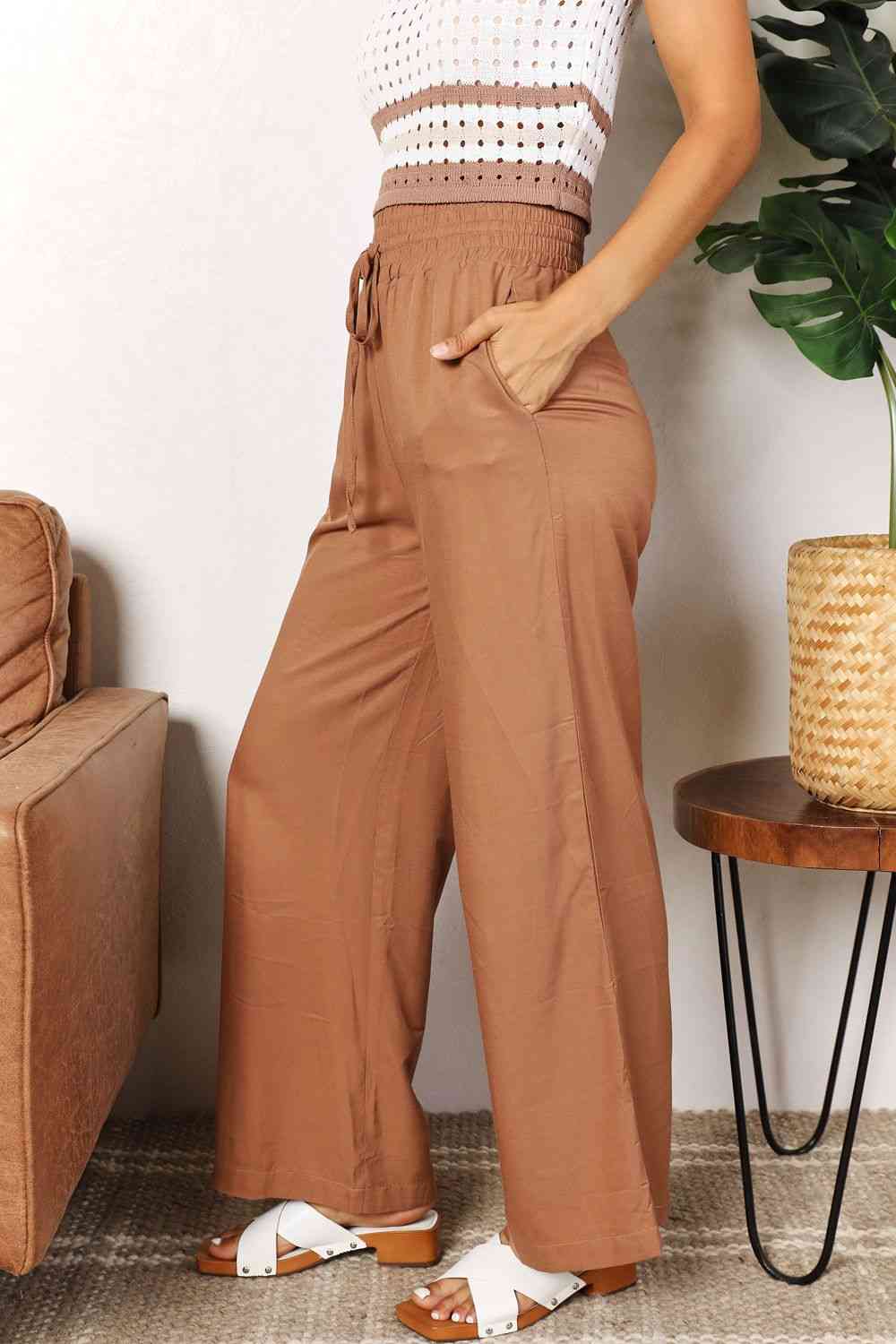Double Take Drawstring Smocked Waist Wide Leg Pants-2