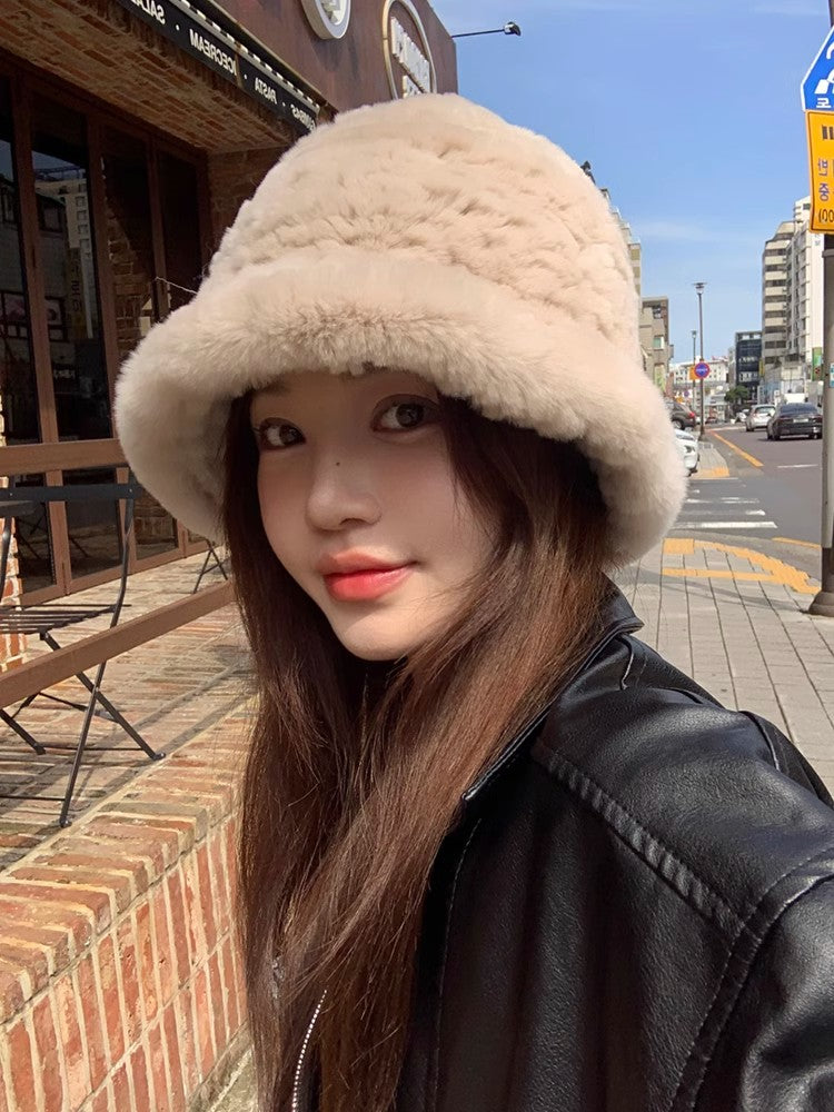 Fireladyfur Women's Hand-Knitted Rex Rabbit Fur Bucket Hat