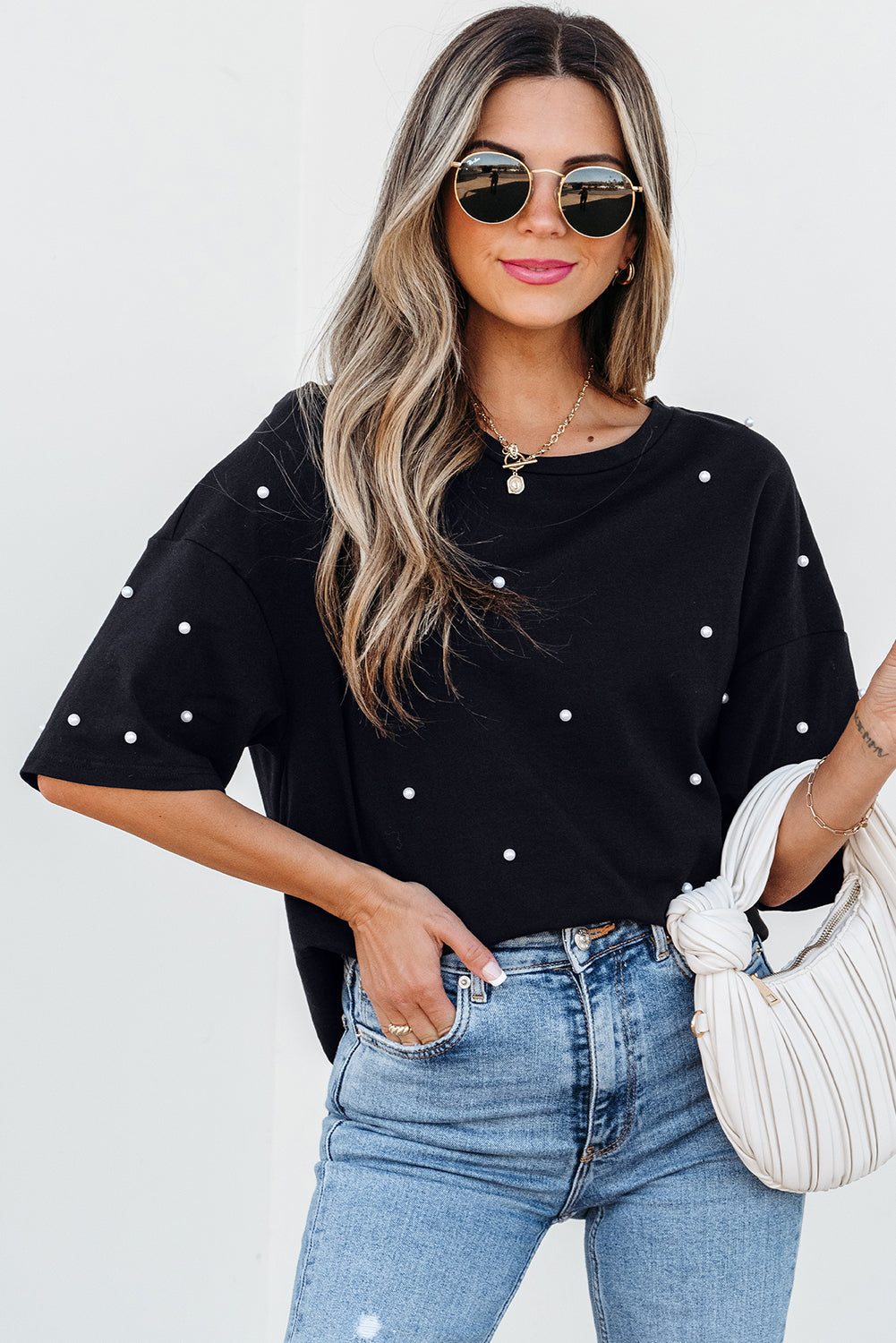 Demi Pearl Beaded Drop Shoulder Crewneck Top-0