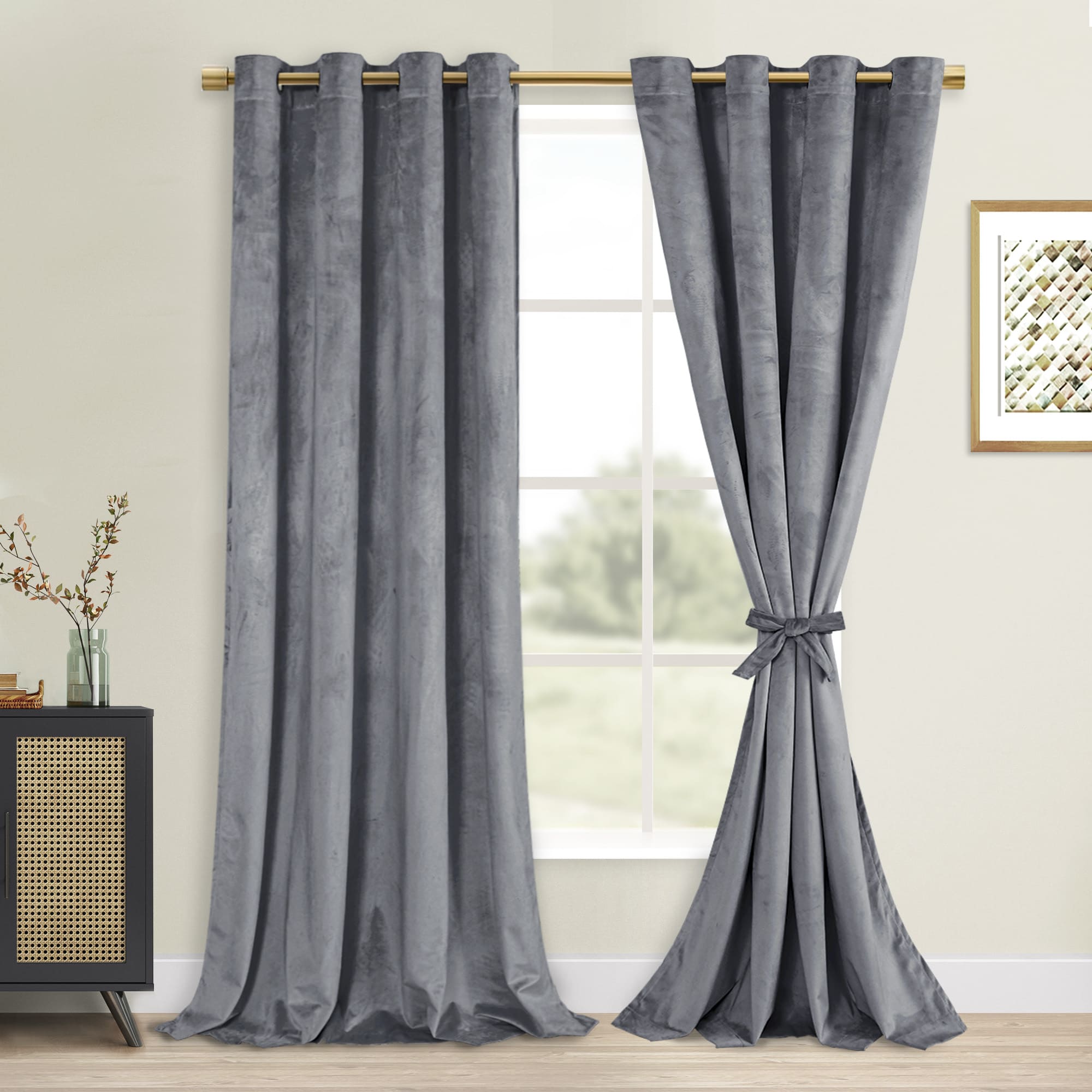 DWCN Velvet Blackout Curtains with Tiebacks, Set of 2 Panels