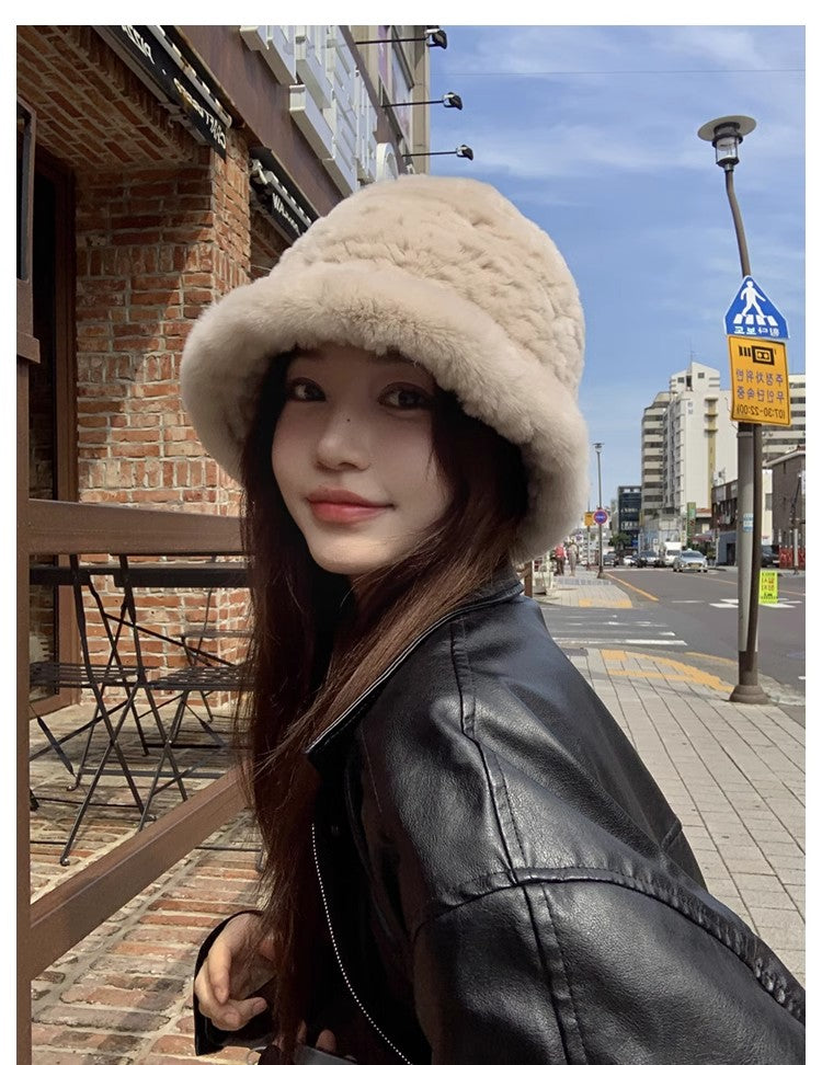 Fireladyfur Women's Hand-Knitted Rex Rabbit Fur Bucket Hat