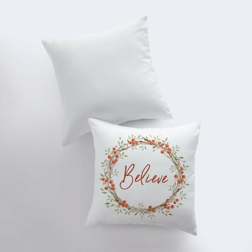 Believe with Berry Wreath Christmas Throw Pillow | Room Decor | Home