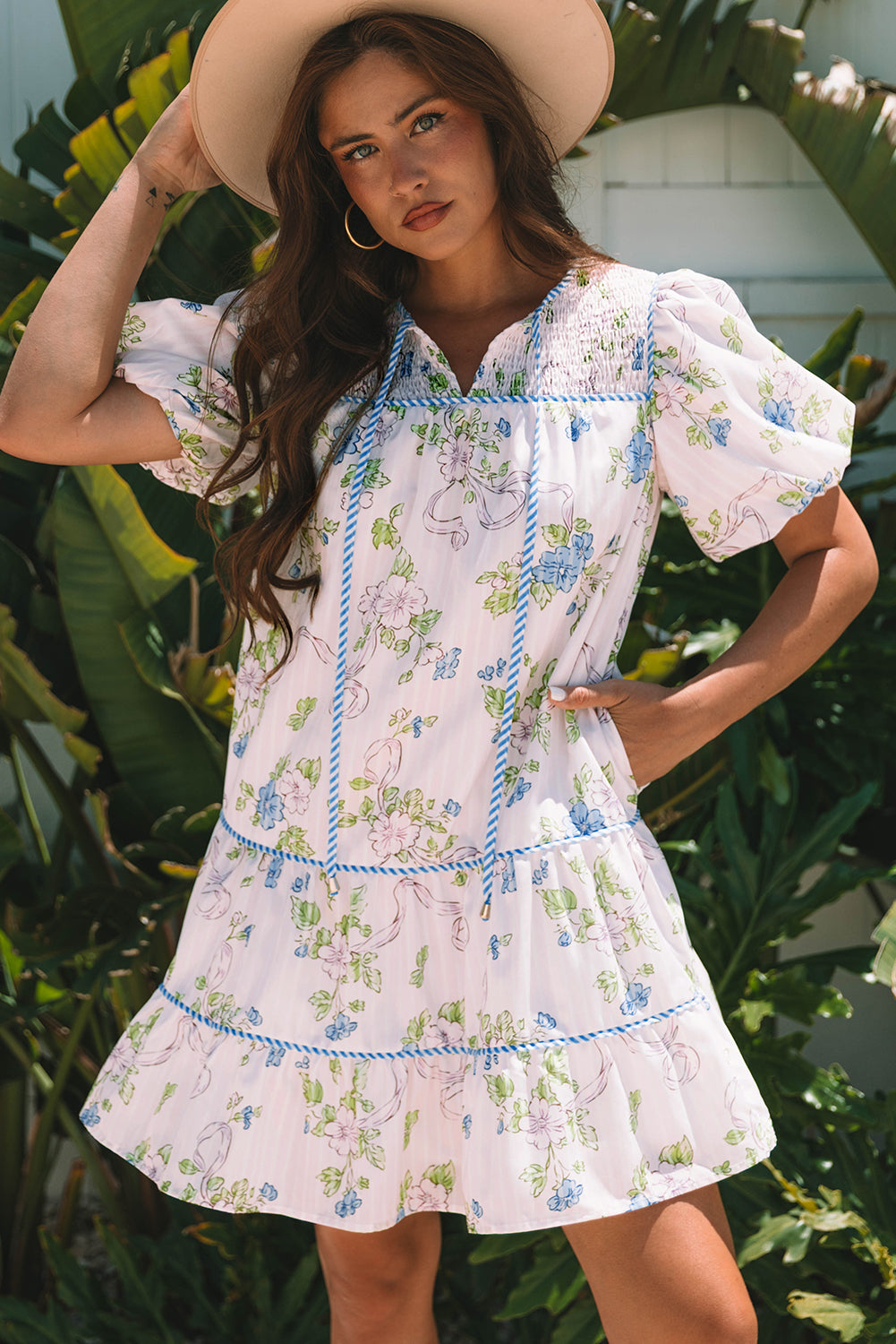 Celina Floral Striped Trim Tie Split Neck Mini Dress-0