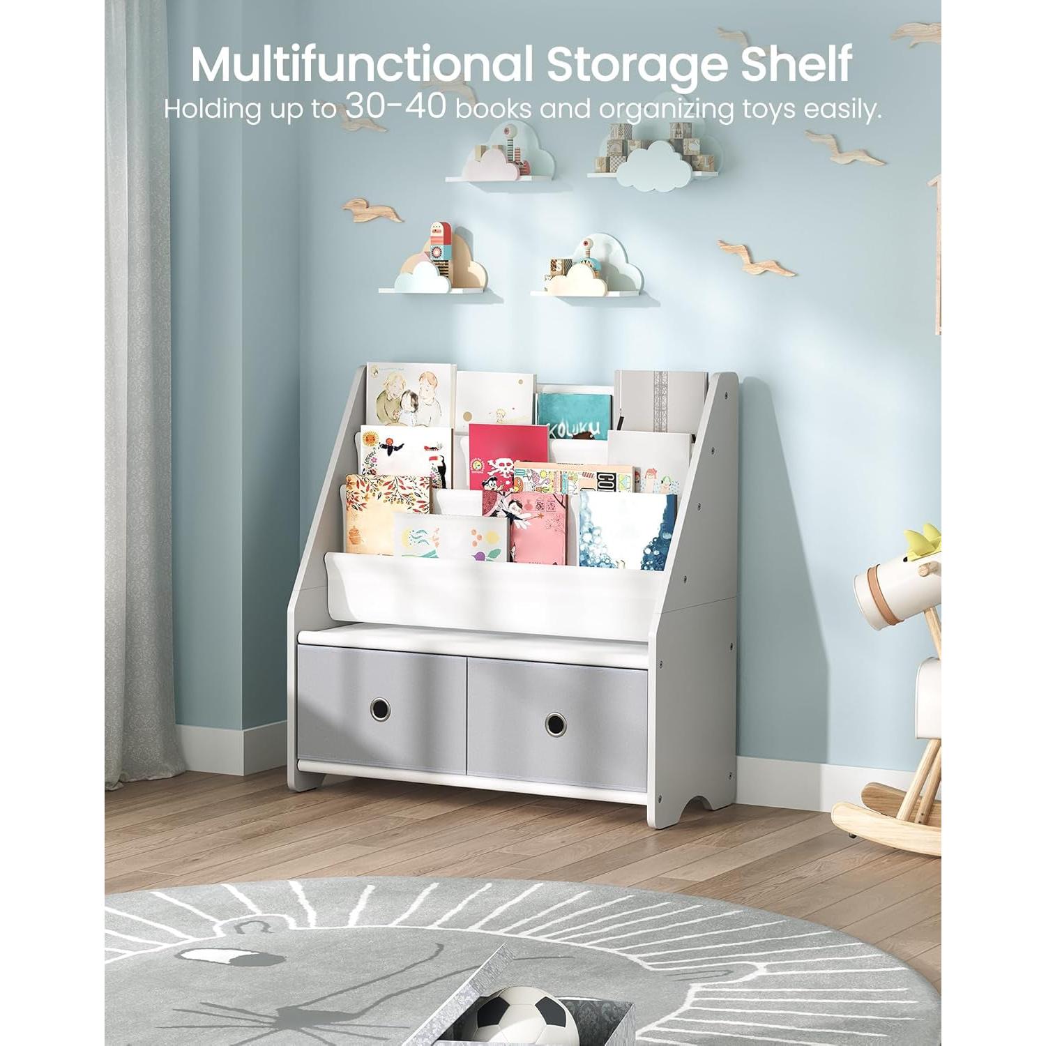 Kids Bookshelf and Toy Storage, 4 Tier Large Capacity Kids Book Rack, Sling Kids Bookcase, for Kids Room, Nursery, Playroom, White and Gray MCW06WT