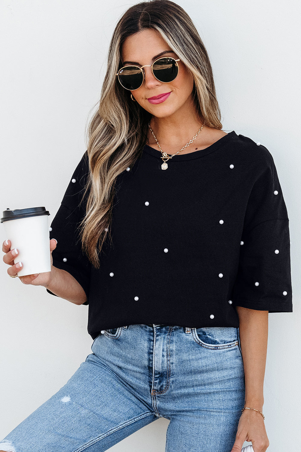 Demi Pearl Beaded Drop Shoulder Crewneck Top-2