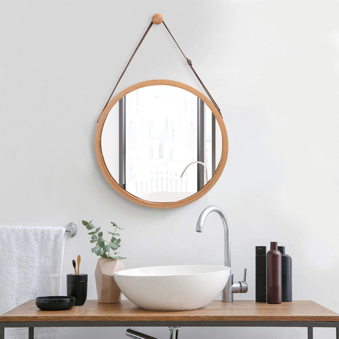 CARLA HOME Hanging Wall Mirror 38cm - Solid Bamboo Frame and Adjustable Leather Strap for Bathroom and Bedroom, Vanity Mirror, Makeup Mirror, Face Mirrors, Wall Shelf Mirror (Round 38 cm)