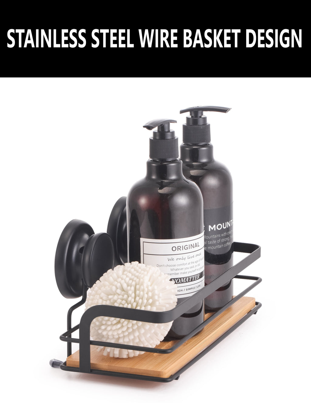 CARLA HOME  2 Pack Rectangular Bamboo Corner Shower Caddy Shelf Basket Rack with Premium Vacuum Suction Cup No-Drilling for Bathroom and Kitchen