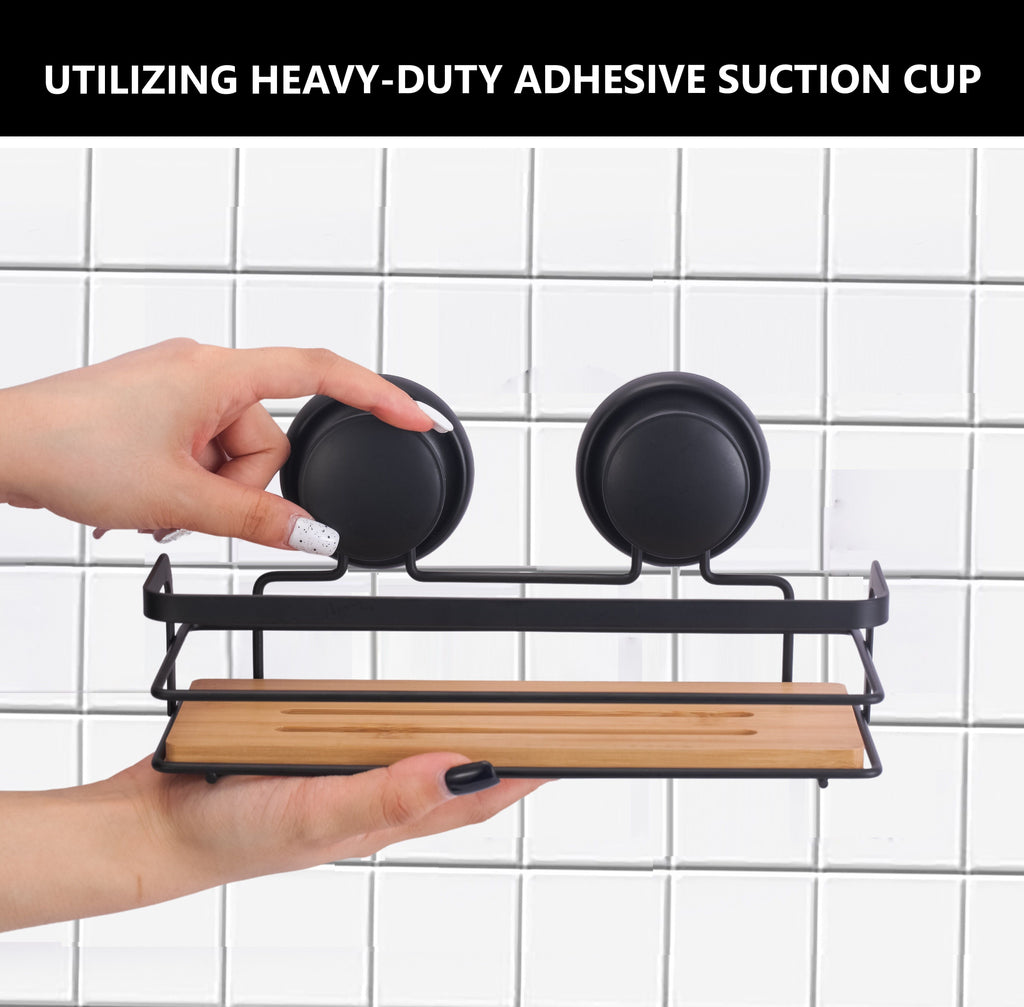 CARLA HOME  2 Pack Rectangular Bamboo Corner Shower Caddy Shelf Basket Rack with Premium Vacuum Suction Cup No-Drilling for Bathroom and Kitchen