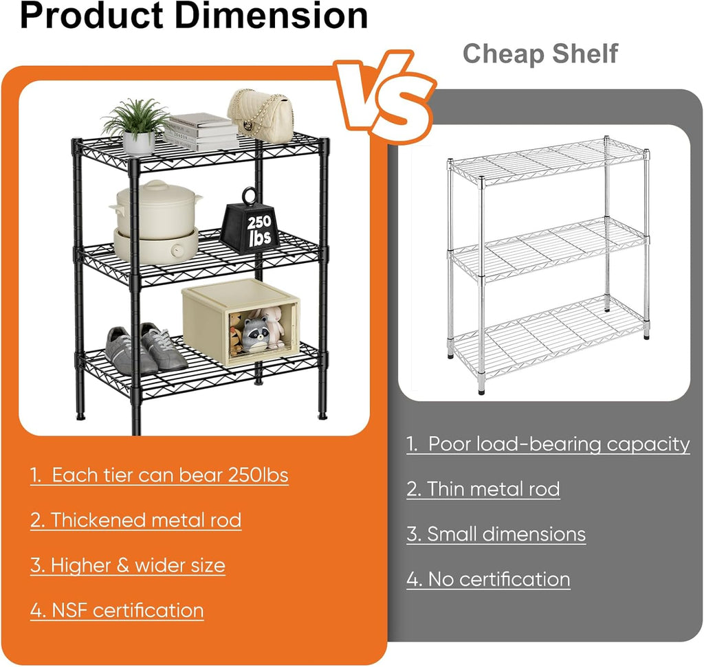 CARLA HOME 3-Tier Adjustable Metal Storage Shelves Wire Rack Organiser for Kitchen, Pantry, Bathroom or Laundry Room (45cm W x 40cm D x 103cm H)