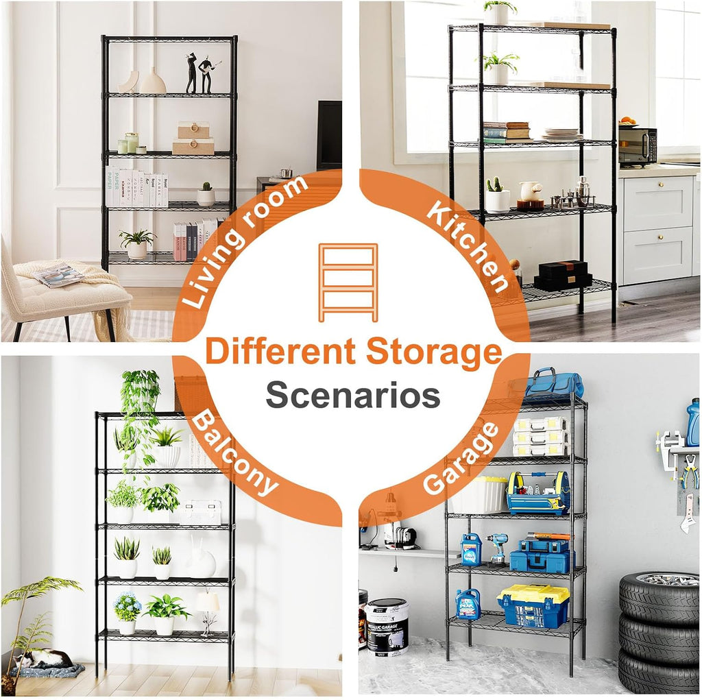 CARLA HOME 5-Tier Adjustable Metal Storage Shelves Wire Rack Organiser for Kitchen, Pantry, Bathroom or Laundry Room (60cm W x 40cm D x 145cm H)