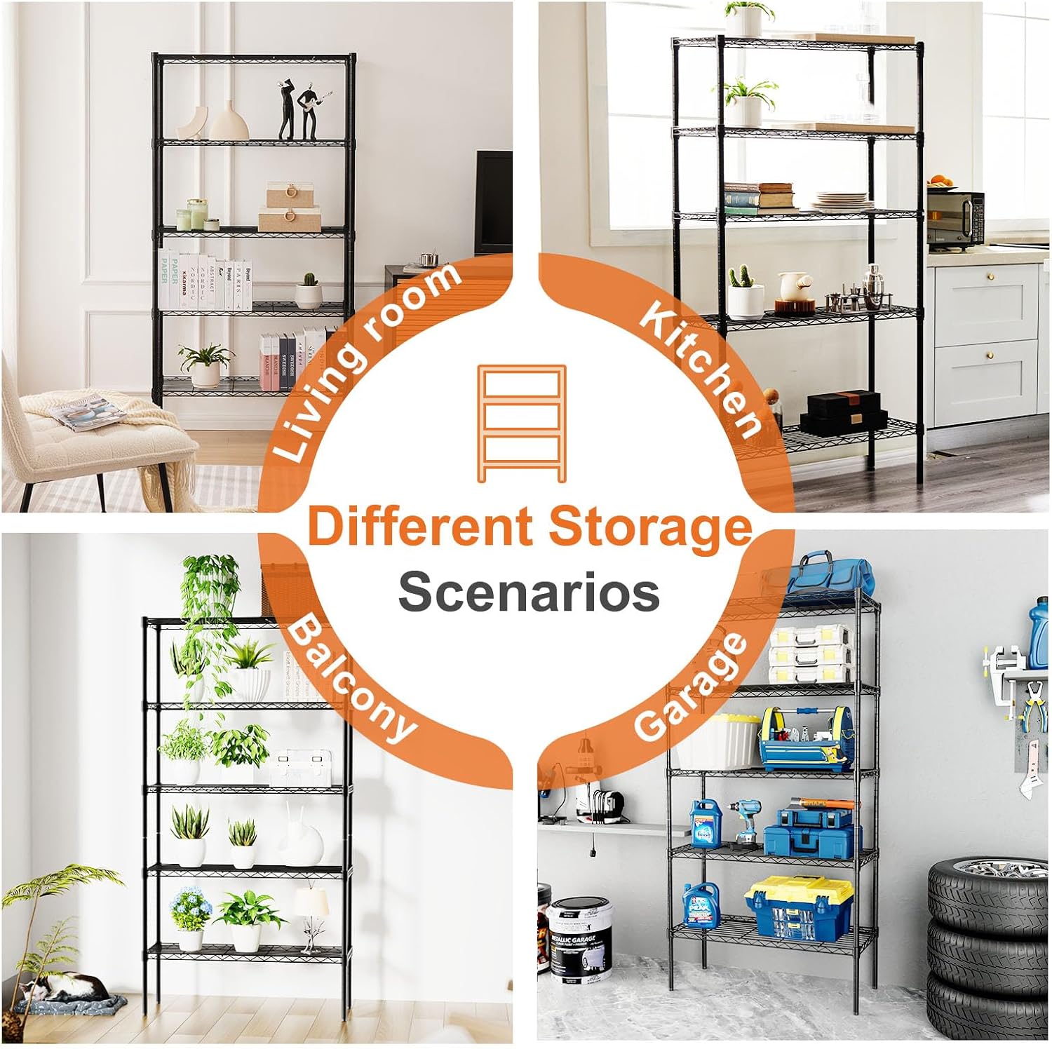 CARLA HOME 5-Tier Adjustable Metal Storage Shelves Wire Rack Organiser for Kitchen, Pantry, Bathroom or Laundry Room (60cm W x 40cm D x 145cm H)