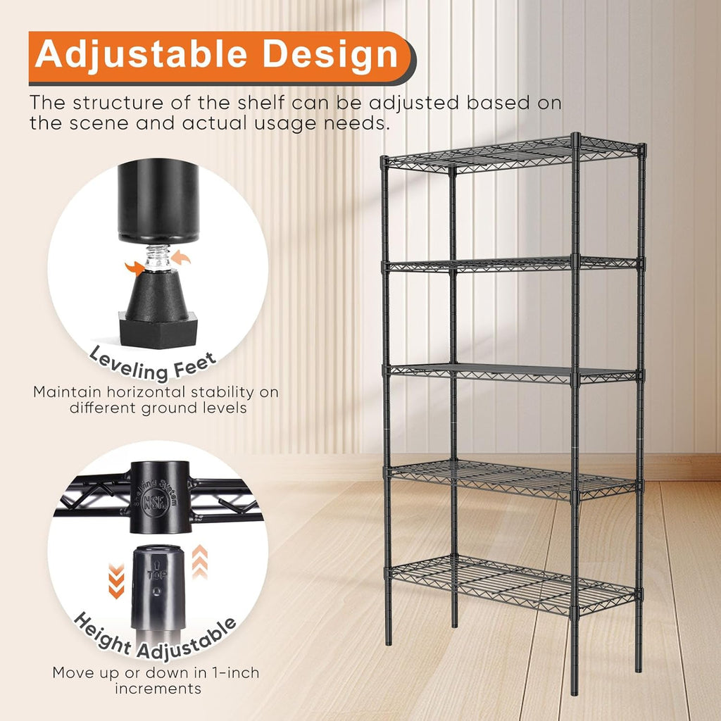 CARLA HOME 5-Tier Adjustable Metal Storage Shelves Wire Rack Organiser for Kitchen, Pantry, Bathroom or Laundry Room (60cm W x 40cm D x 145cm H)