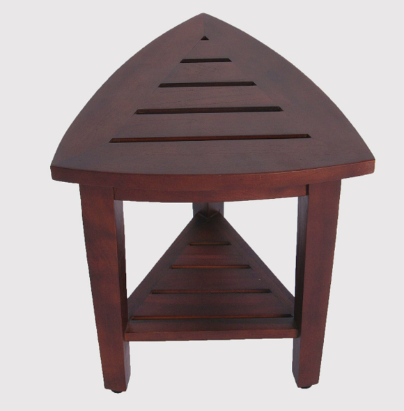 Compact Teak Corner Shower  Outdoor Bench With Shelf In Brown Finish-2