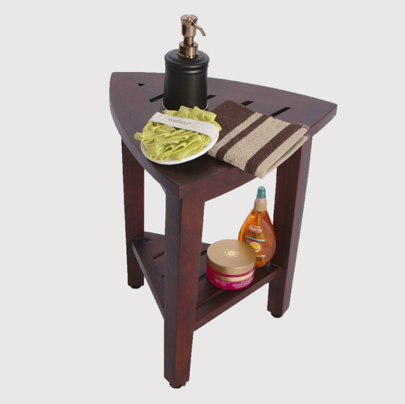 Compact Teak Corner Shower  Outdoor Bench With Shelf In Brown Finish-3