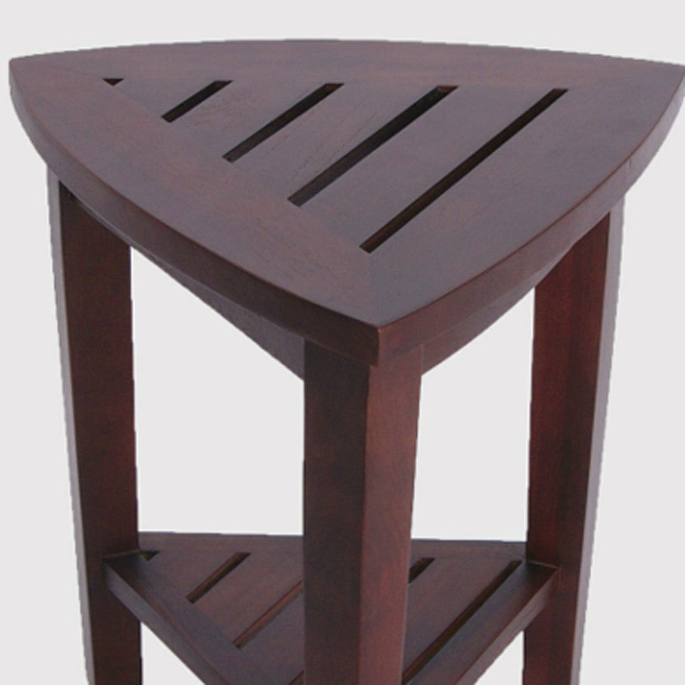 Compact Teak Corner Shower  Outdoor Bench With Shelf In Brown Finish-6