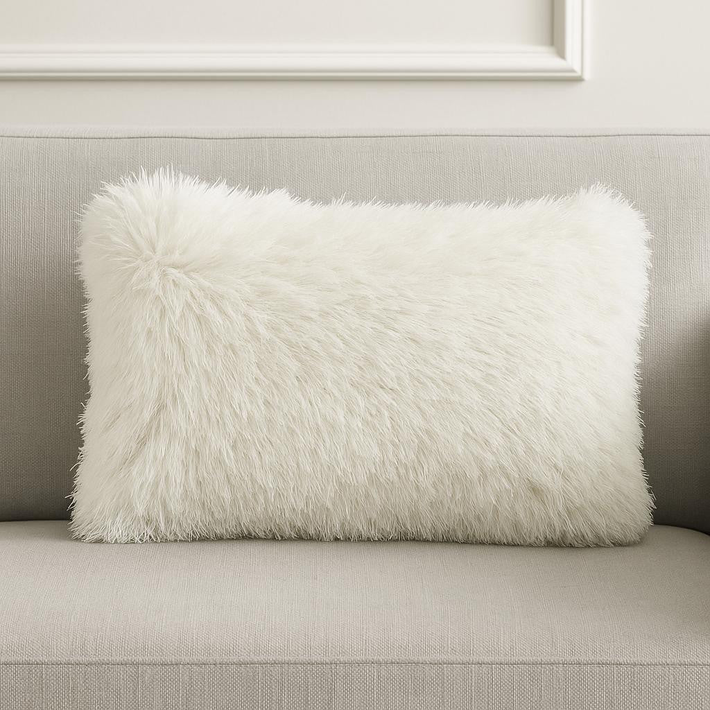 14" X 20" White Super Shaggy Throw Pillow-0