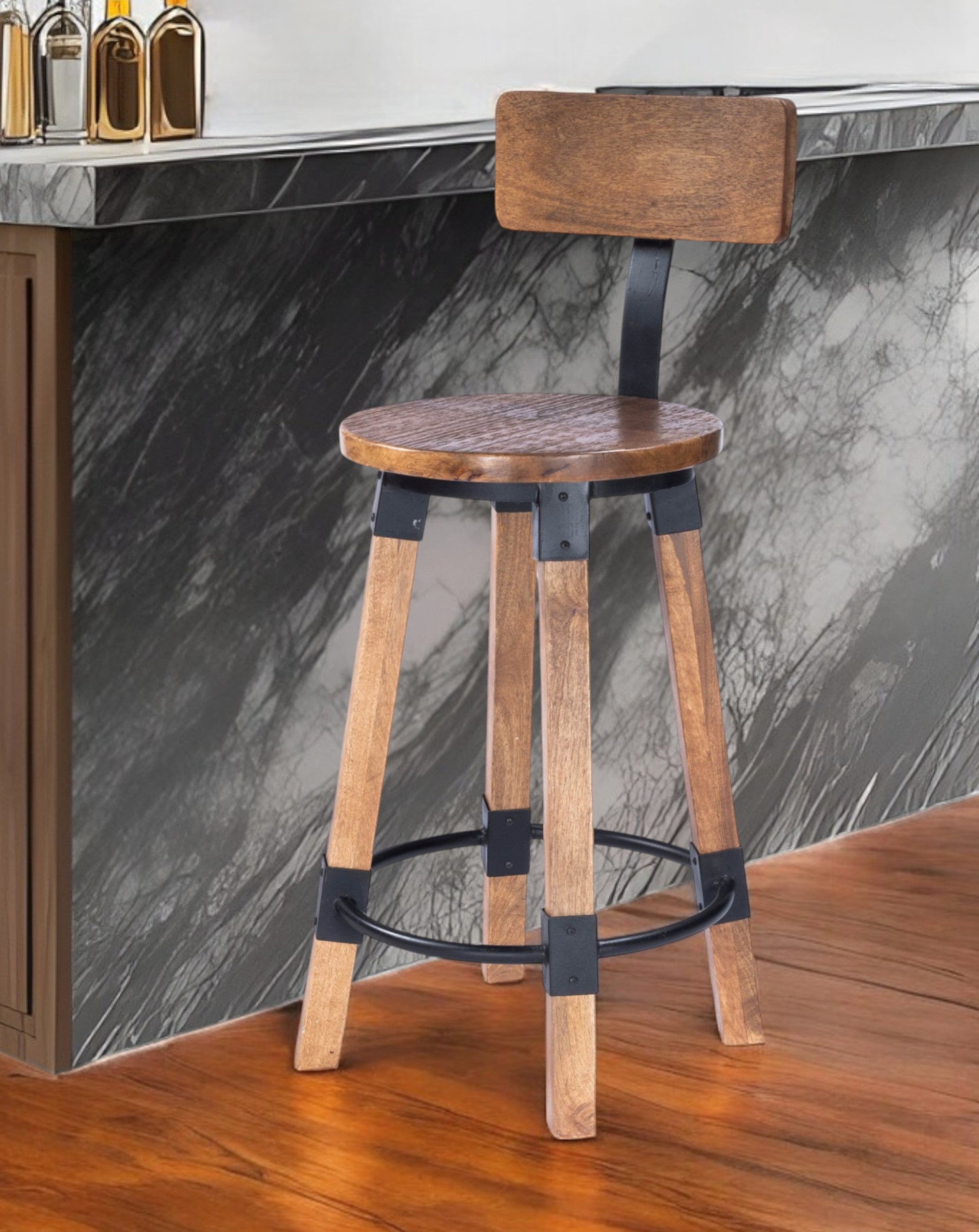 28" Brown and Natural Solid Wood and Iron Bar Chair