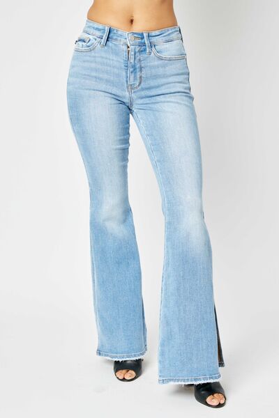 Judy Blue Full Size Mid Rise Raw Hem Slit Flare Jeans-0