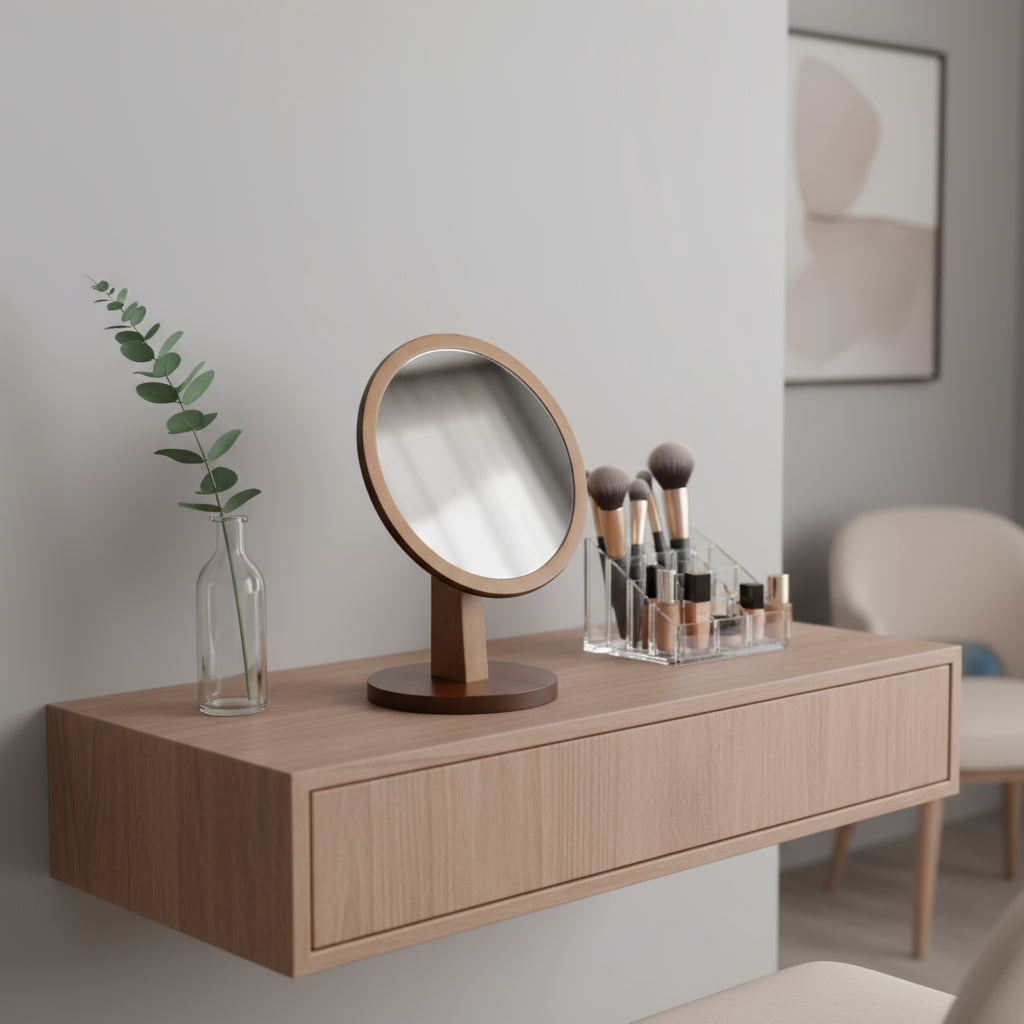 10" Brown Round Framed Makeup Shaving Tabletop Mirror-0