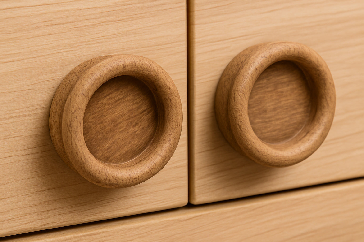 Set of Two Brown Wood Recessed Round Drawer Pull Knobs-0