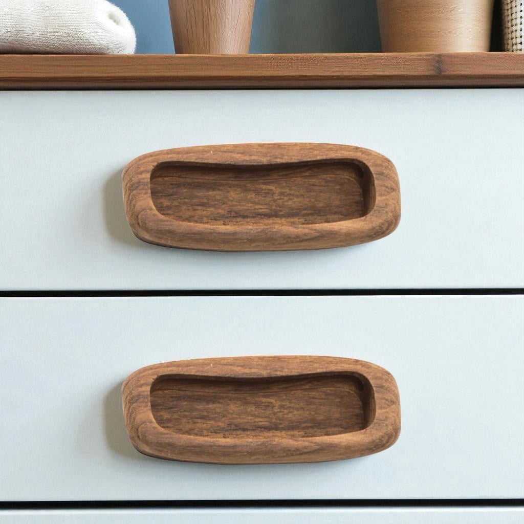 Set of Two Brown Teak Wood Drawer Pull Knobs-0