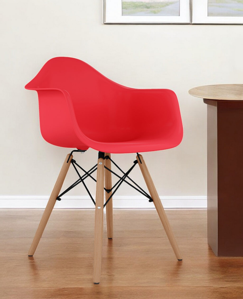Red And Natural Heavy Duty Plastic And Solid Wood Dining Arm Chair