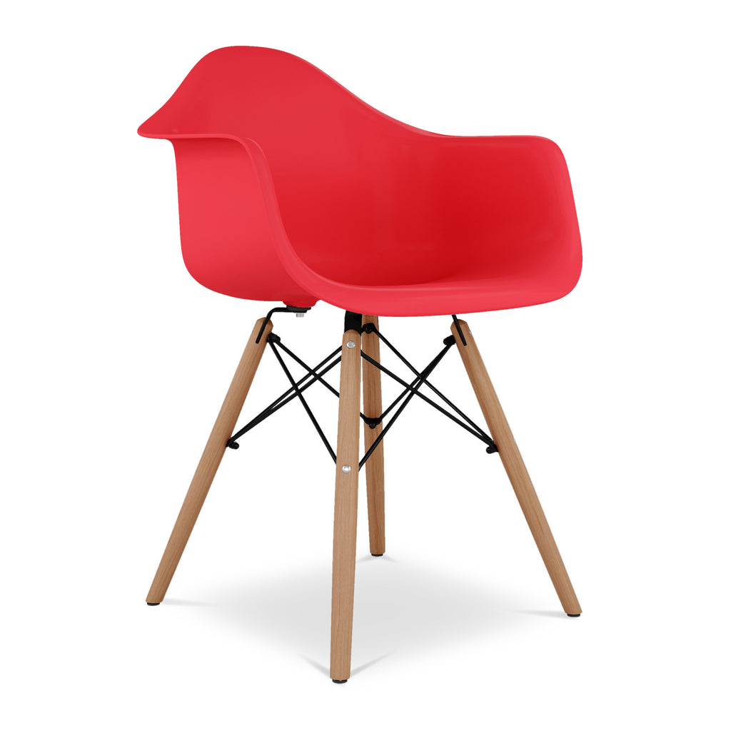 Red And Natural Heavy Duty Plastic And Solid Wood Dining Arm Chair